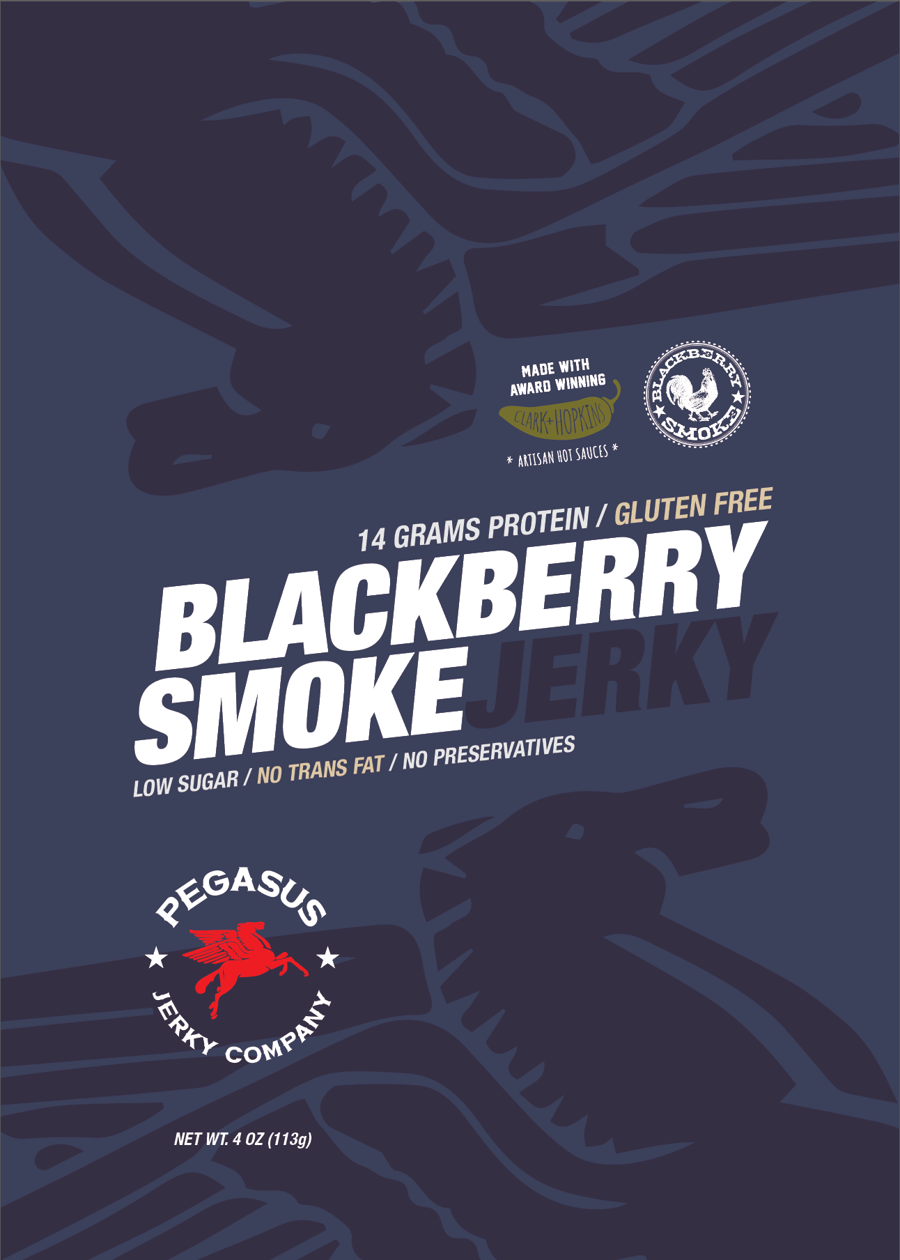 Scrapped brand identity design for Pegasus Jerky Company's rebrand.