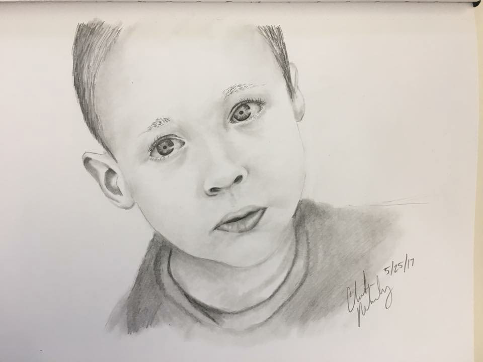 Sketched out photo of a young boy looking off screen. Complacent/sad look is apparent on his face.