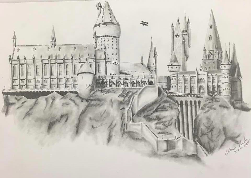 Final rendition of the Hogwarts castle look-alike sketch that contains shading. Has a wizard flying on a broom near the top center of the piece.
