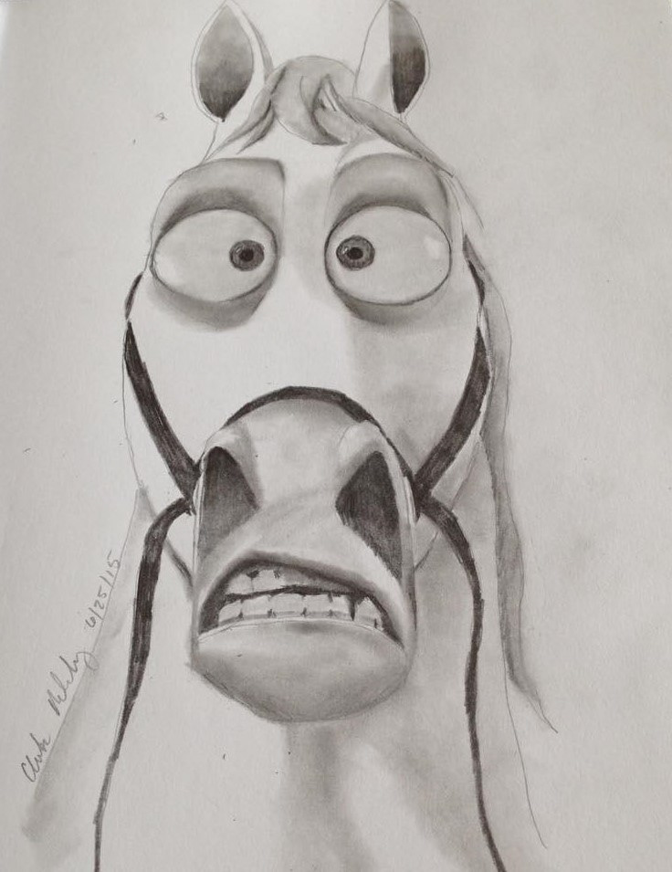 Sketch of a horse that would be seen in animation. Horse has a shocked look to his appearance.