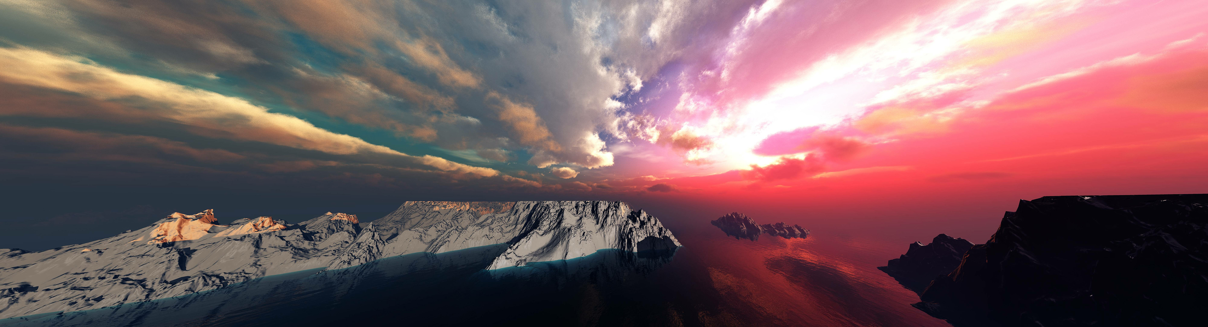 A panoramic view of a dramatic Antarctic landscape under a sky painted with vivid sunrise colors, representing the far-reaching influence of Pan_Inc’s HandPans.