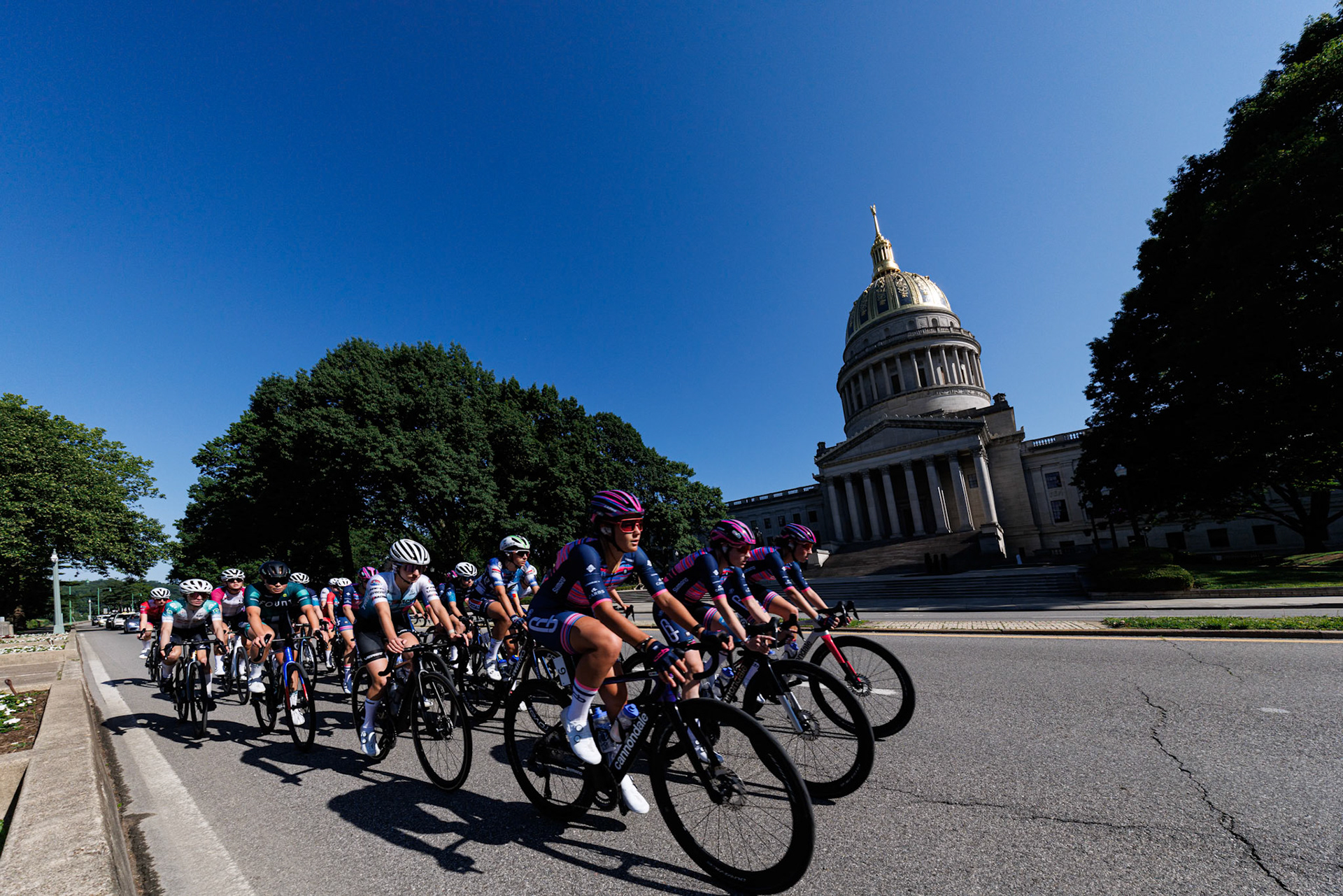 Pro Road National Championships bike race going by the WV State Capitol, 2025