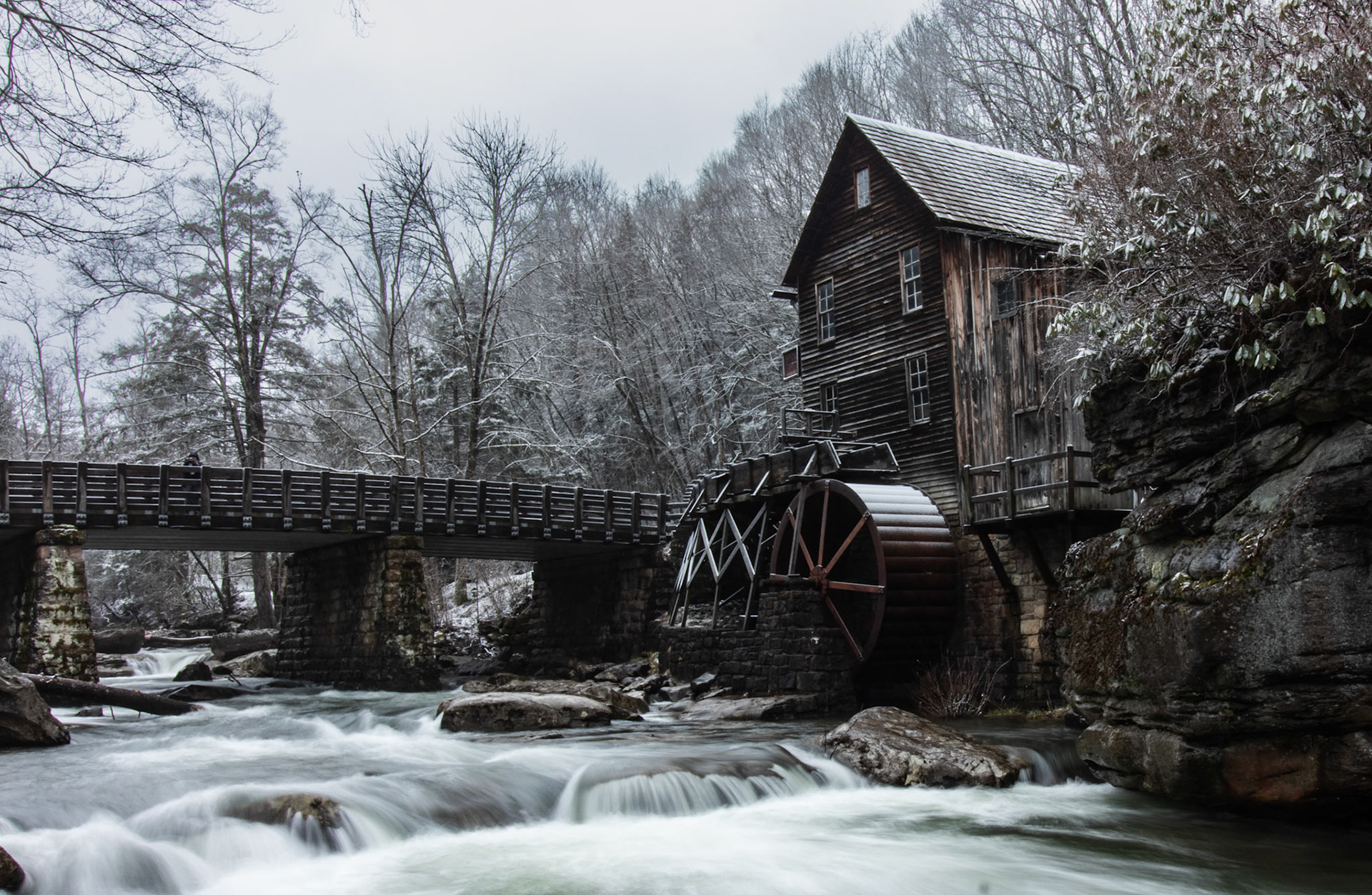 The Grist Mill at Babcock State Park in the winter