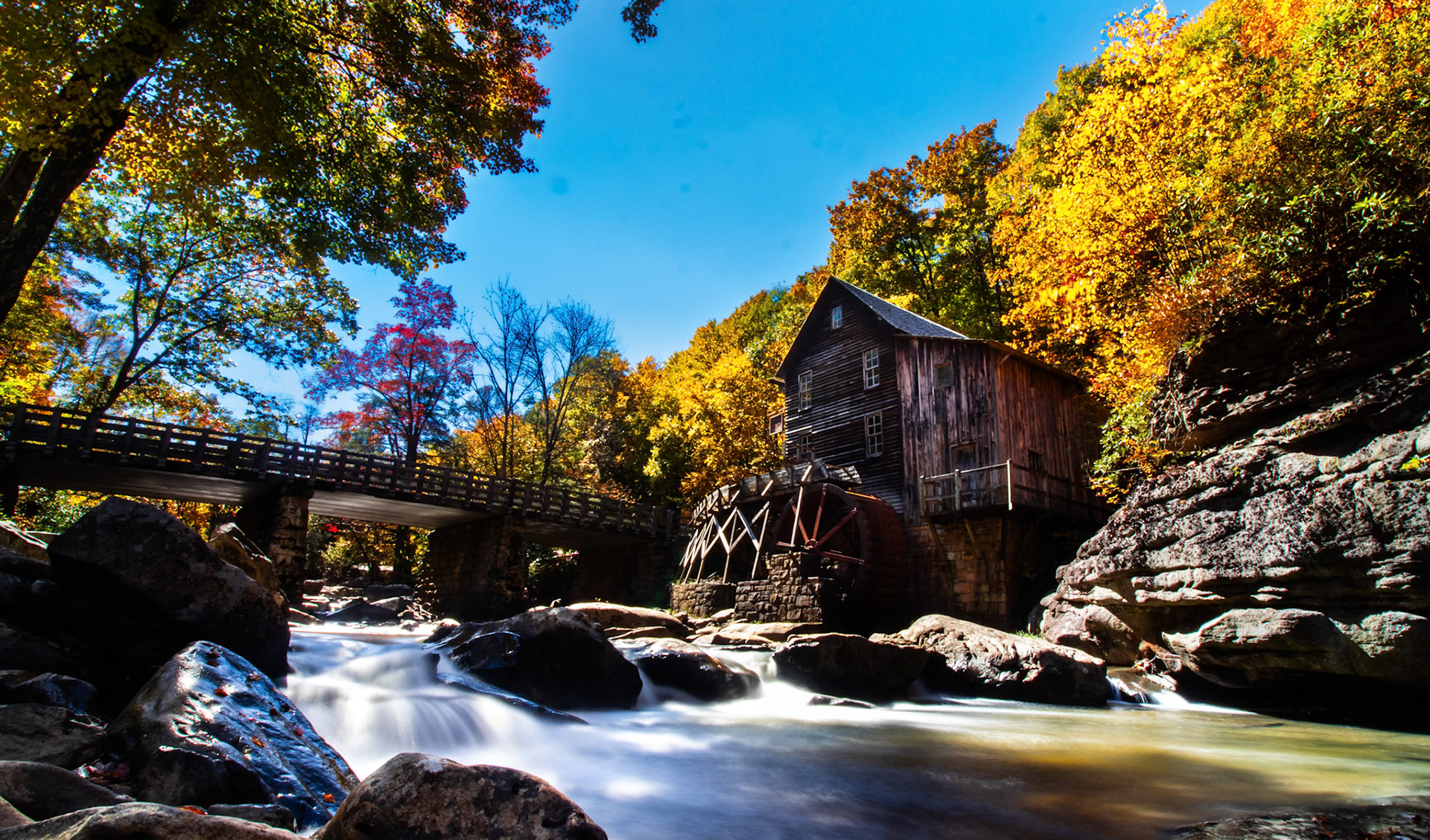The Grist Mill at Babcock State Park in the fall.