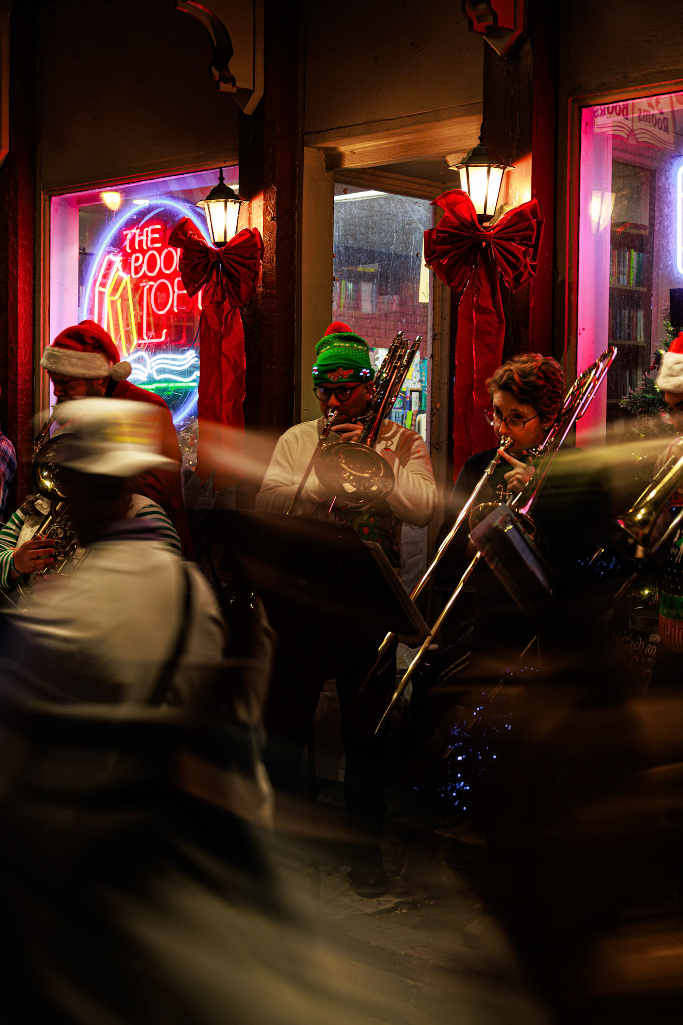 A group playing Christmas music at The Book Loft in German Village, Columbus, OH 2024