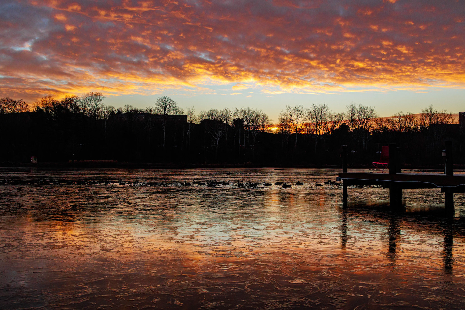 Sunrise at Lake Kittamaqundi in Columbia, MD. There was a thin layer of ice on the lake and a flock of geese just past the pier. Very pretty and relaxing.