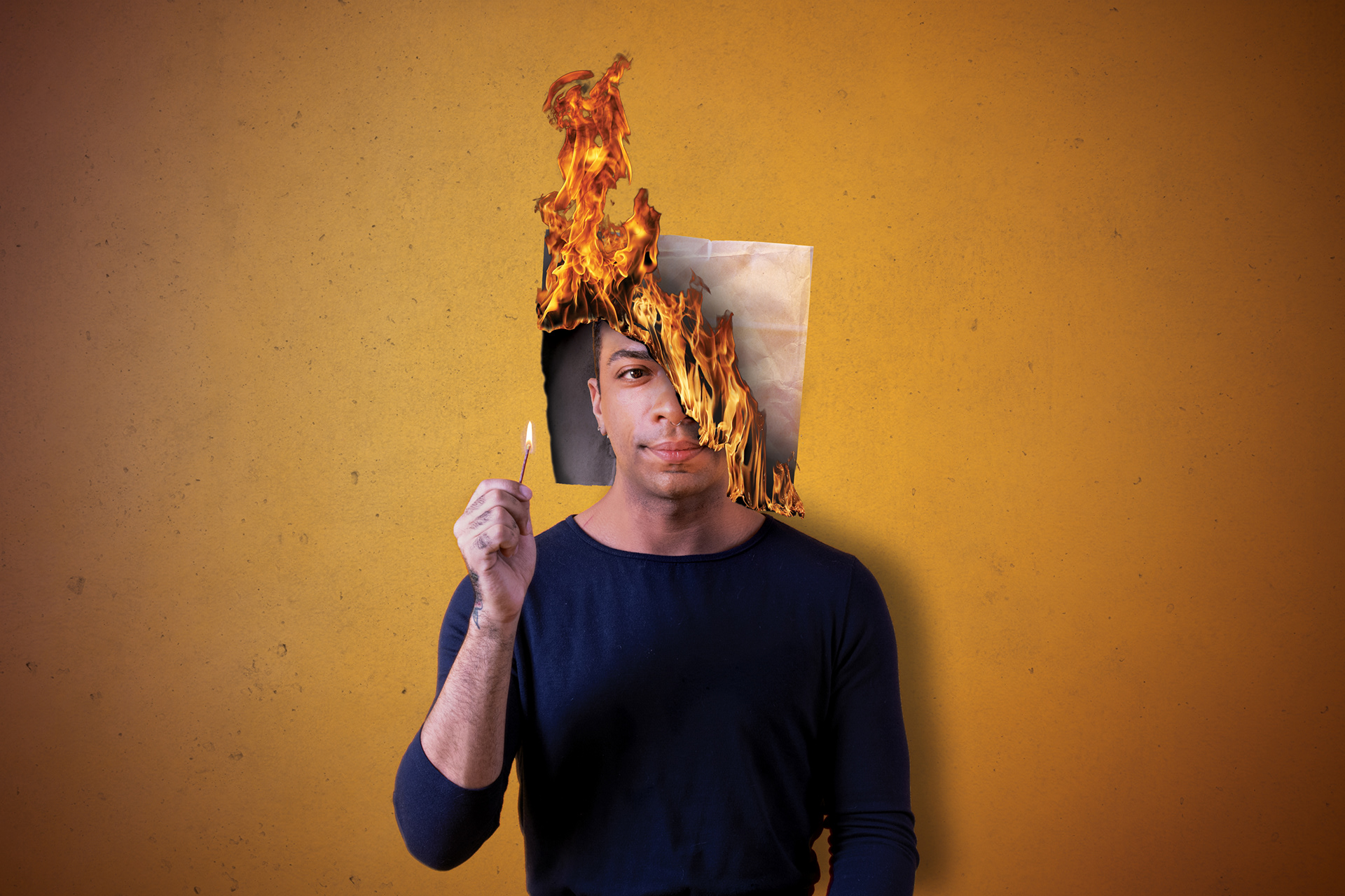 Confidence - This piece is all about self-esteem and confidence. Eric (they/them) has had a paper bag metaphorically placed on their head due to society's standards and viewpoints of our community. They have been led to feel lesser than and this image is showing them having the confidence to burn away that paper bag and show the world who they really are as a human.  I have struggled with low self esteem for a long time but I (like Eric) have come a long way throughout the years to be confident enough to live as my true self. This concept is one I think a lot of us can relate to and I hope one day we can all live as our best selves.