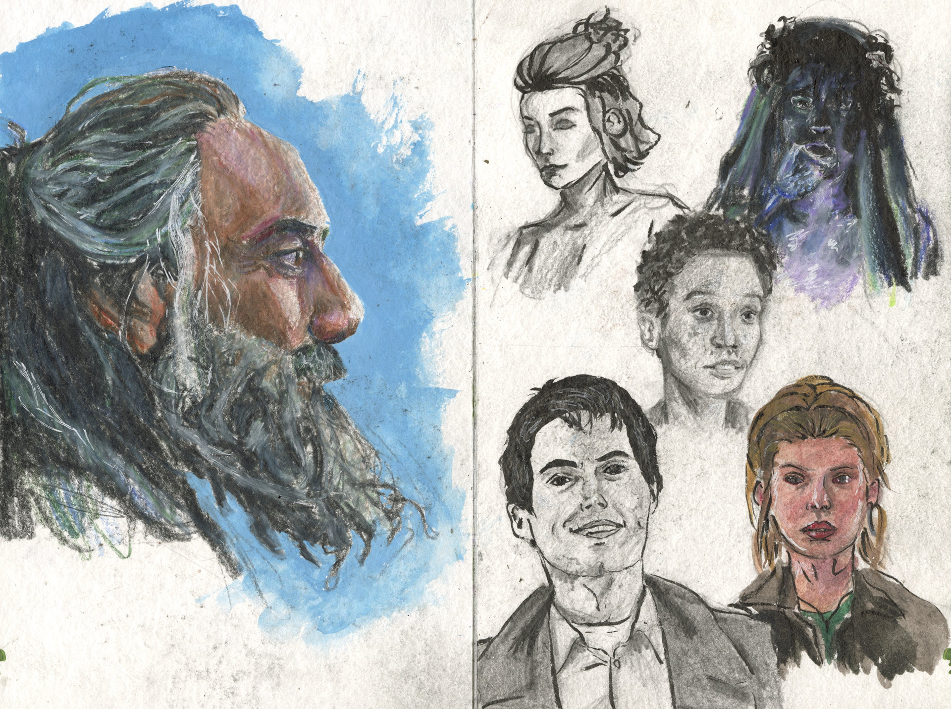 Left- Taika Waititi, Color Pencil, 2023. Right- Various Portraits, Mixed Media 2023