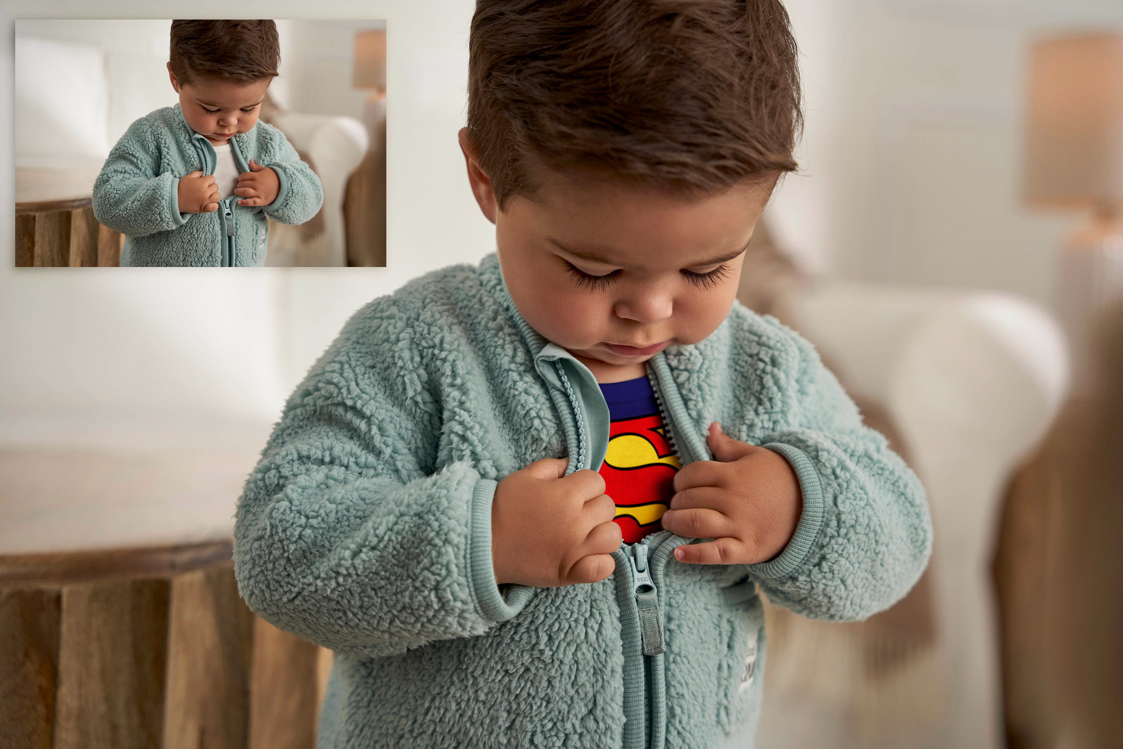 Internal "for fun" ask at Gerber Childrenswear. The original image was used externally, but I was asked to place a Superman shirt on the child.