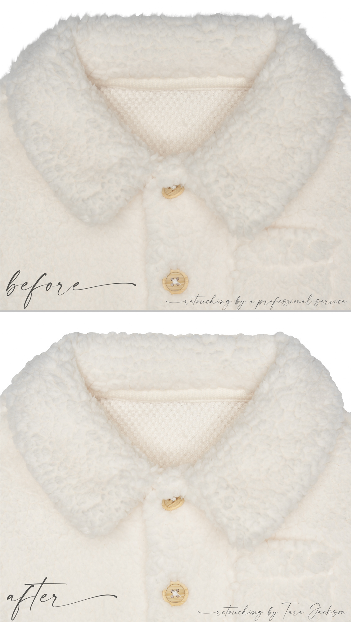 Top image was retouched by a vendor for Gerber Childrenswear. However, it was not representative of the actual texture of the product, so I corrected the retouching with a brush I created in Photoshop (bottom). Photographer/Correction Retoucher: Tara Jackson