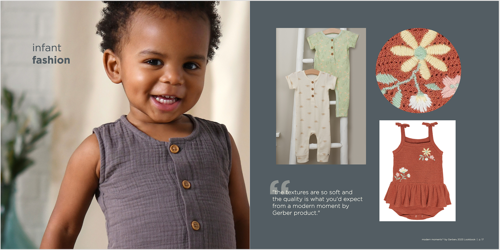 2023 Modern Moments by Gerber Lookbook - Hanging Rompers and eComm on white/Texture images