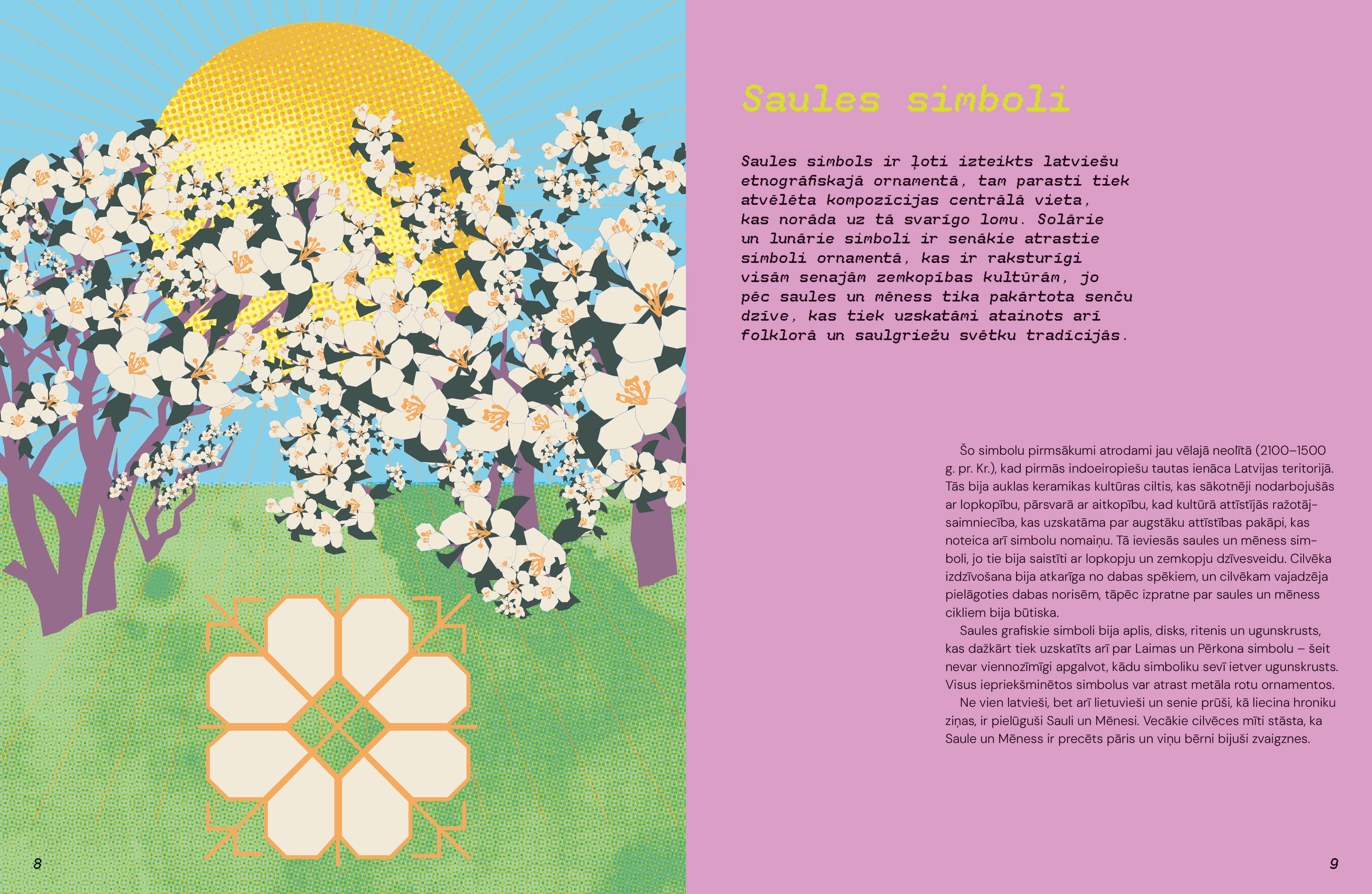 Book design layout and illustration for Latvian symbol of sun