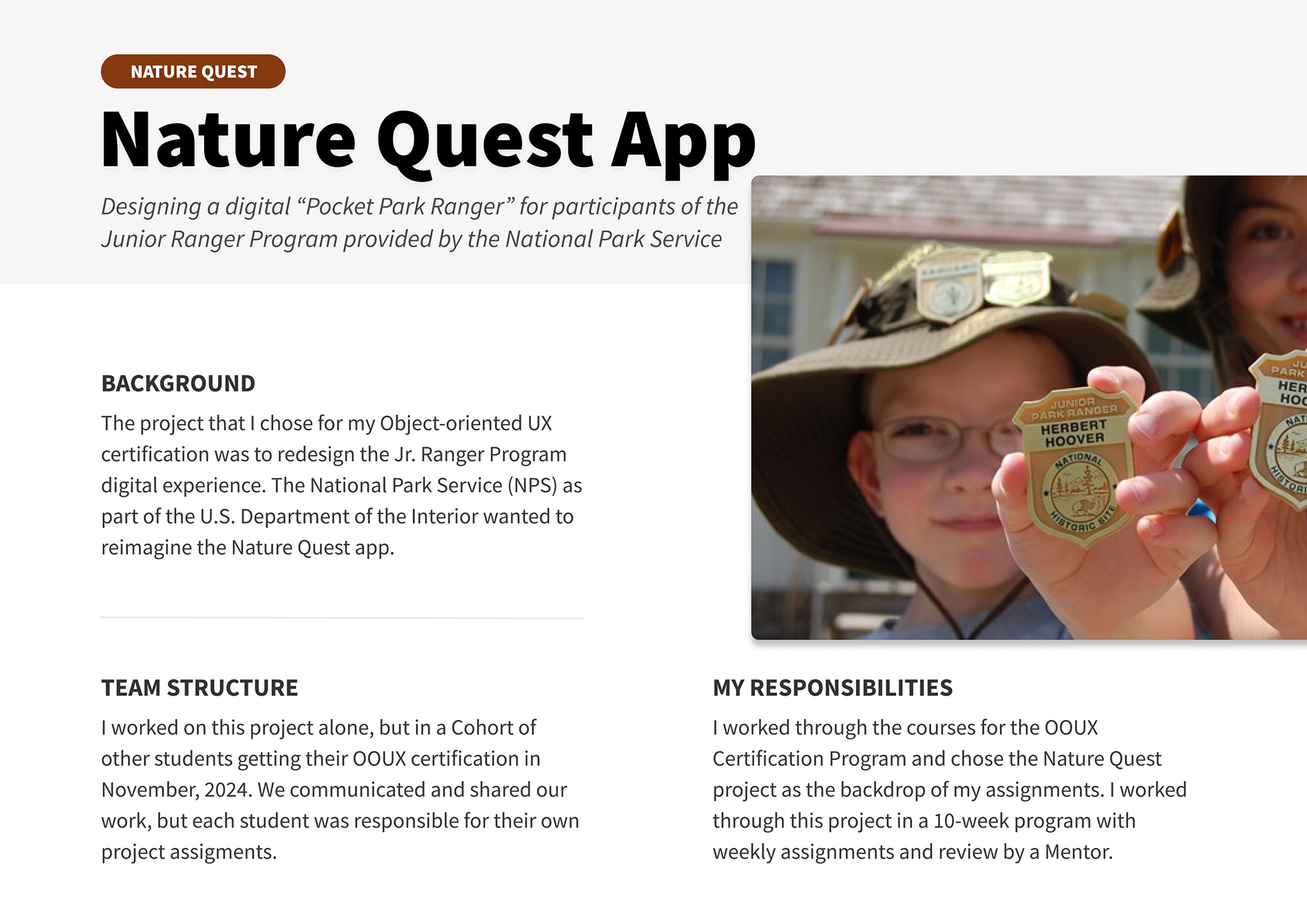 Nature Quest app - Designing a digital "Pocket Park Ranger" for participants of the Jr. Ranger Program provided by the National Park Service