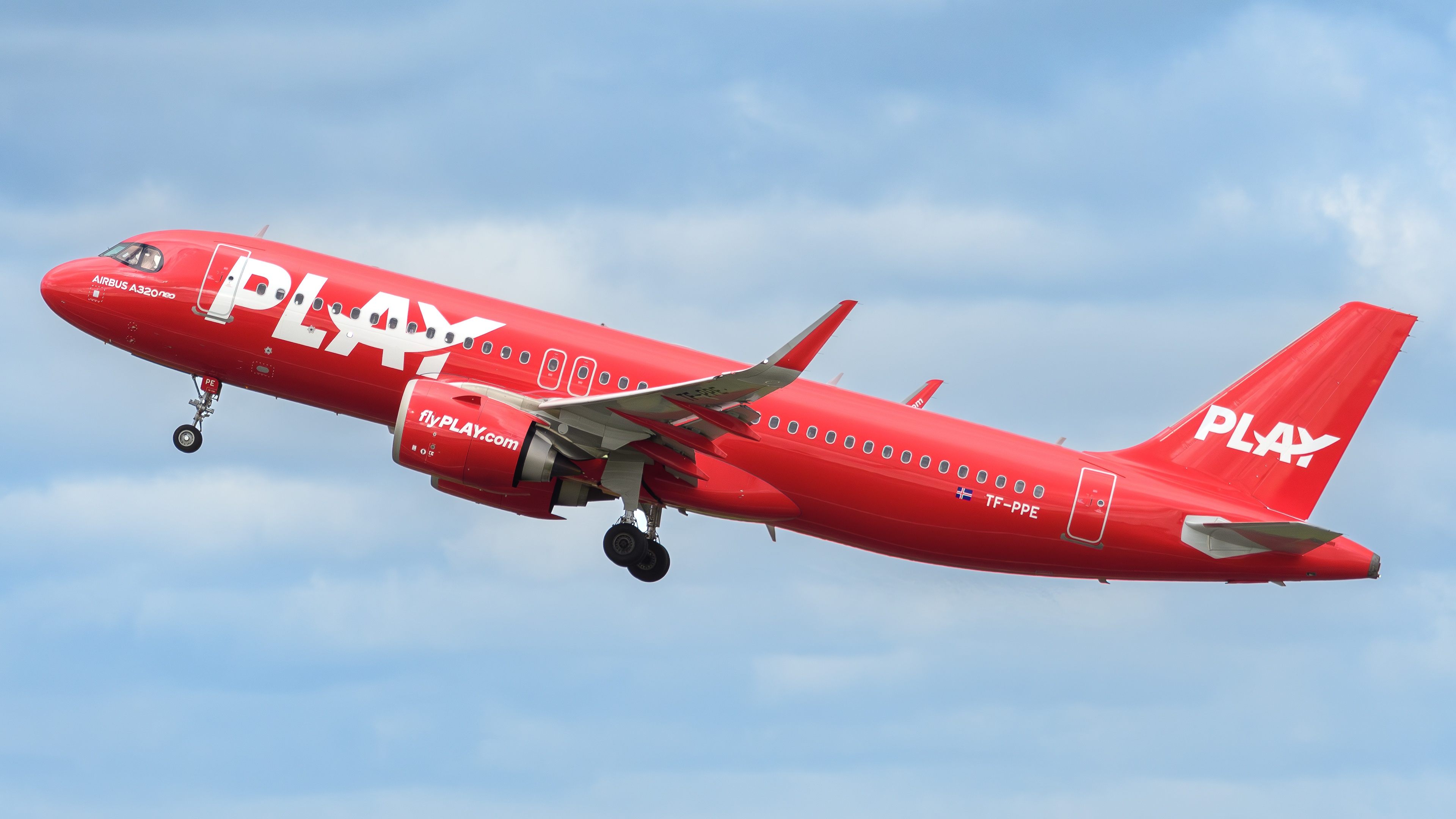 Airbus A320 operated by PLAY departing Stansted Airport. Registration TF-PPE.