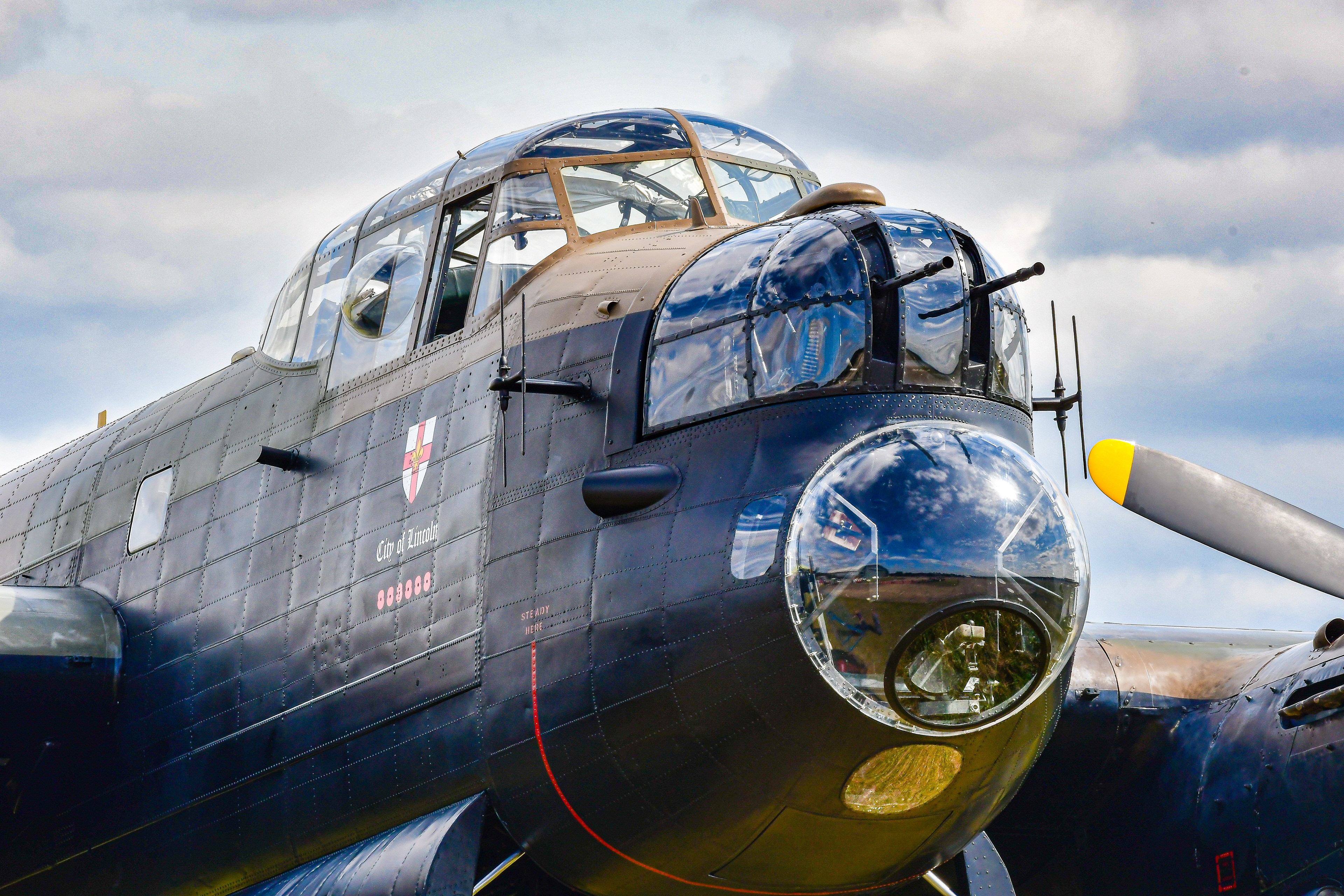 Close-up of the nose of BBMF Avro Lancaster whilst on the ground at IWM Duxford (following routine maintenance) in August 2021. Registration PA474.