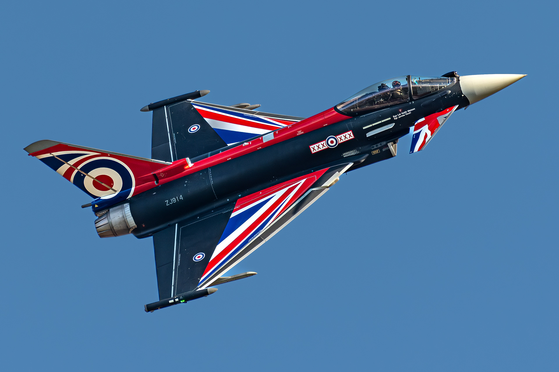 Eurofighter Typhoon from the RAF Display Team (Blackjack) performing at IWM Duxford in October 2022. Registration / serial ZJ914.