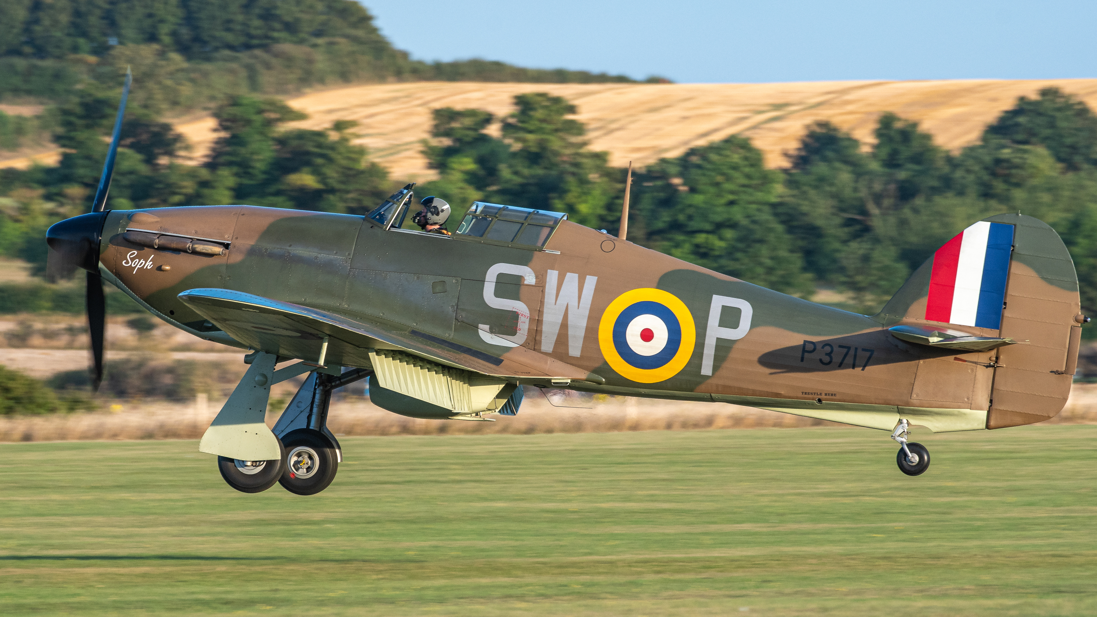 Hurricane taking off from IWM Duxford in August 2021. Registration / serial G-HITT / P3717..