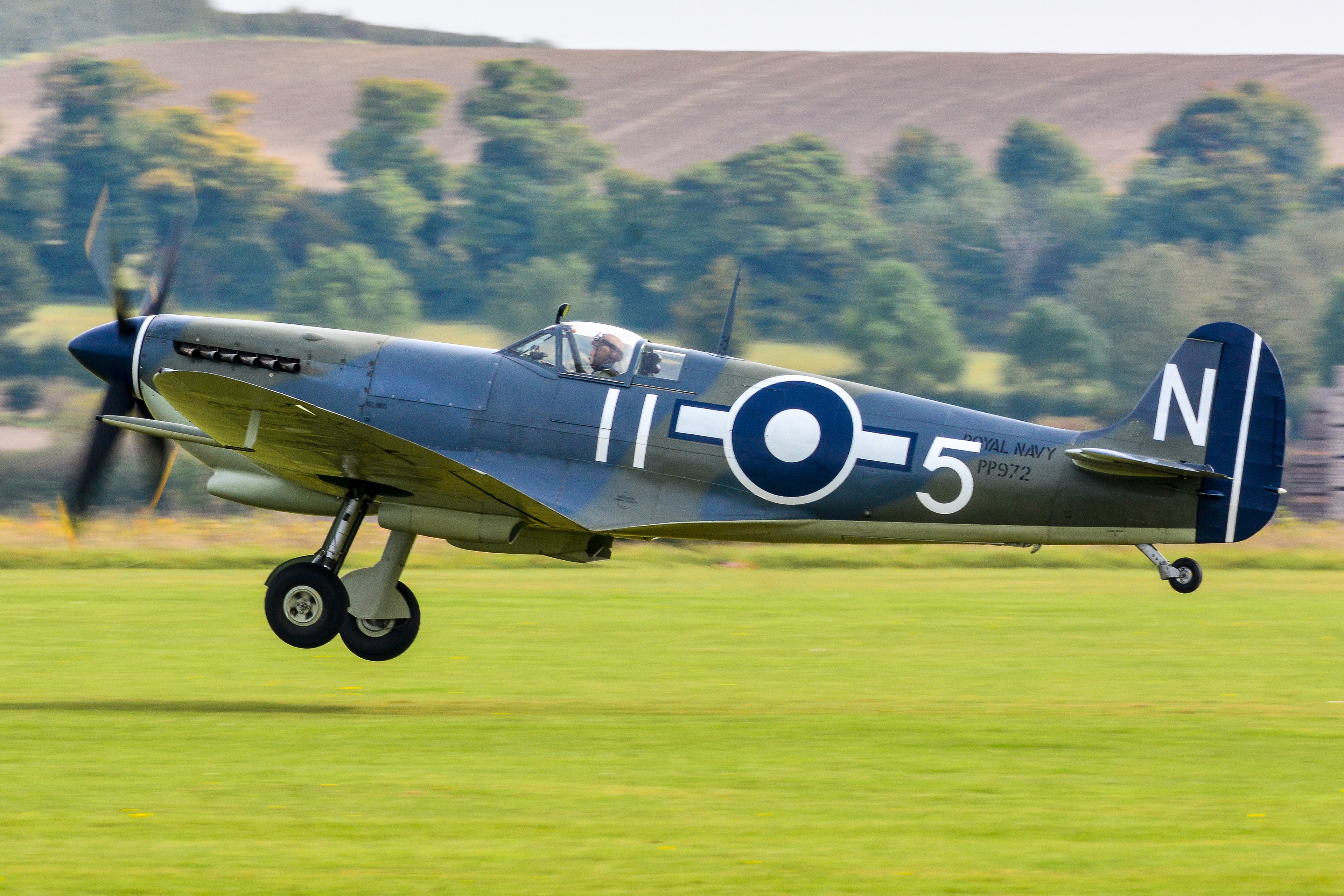 Supermarine Seafire taking off from IWM Duxford in September 2017. Registration / serial G-BUAR / PP972.