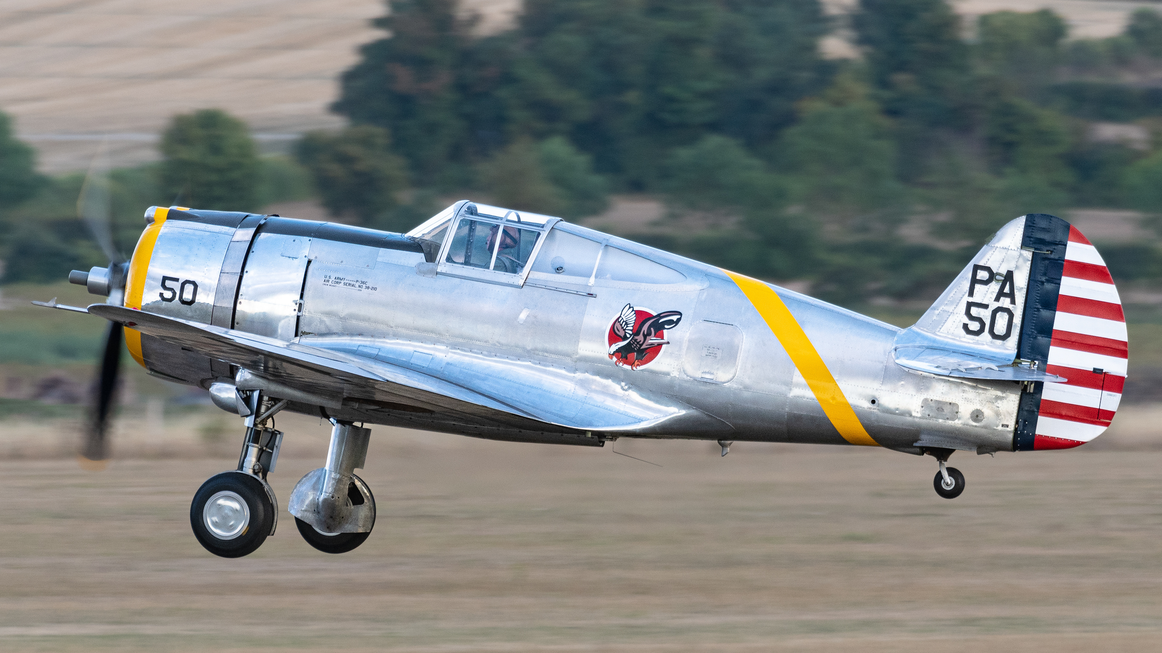 P36C Hawk taking-off from IWM Duxford in August 2022. Registration / serial G-CIXJ / PA-50.