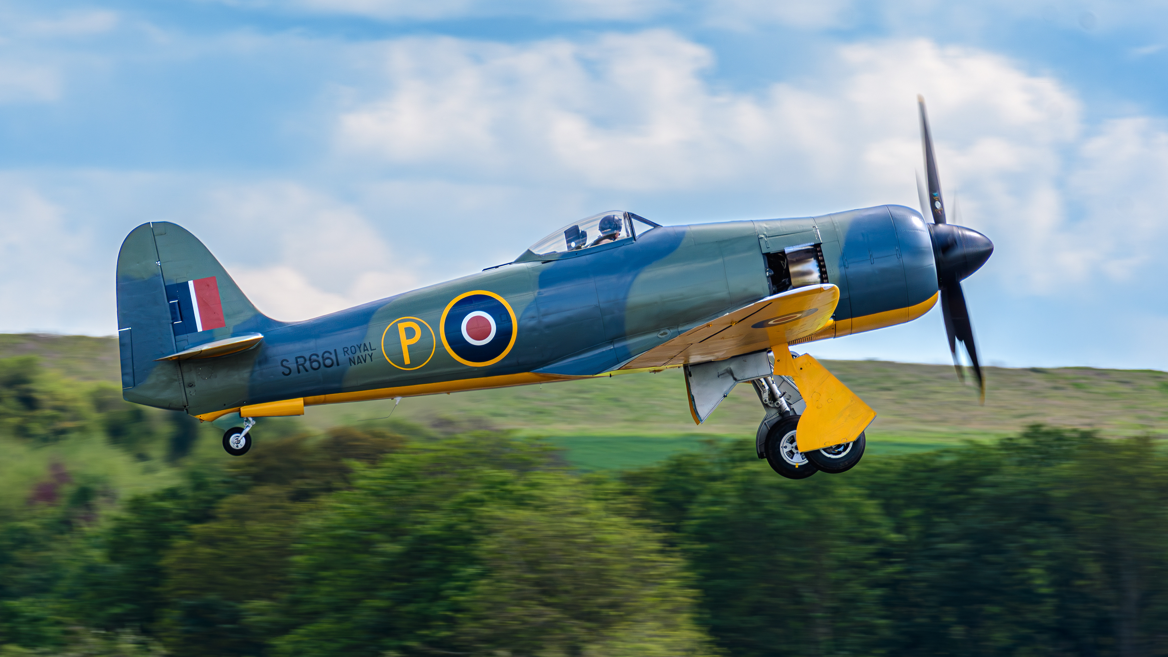Hawker Fury departing IWM Duxford in May 2024. Registration / serial G-CBEL / SR661.
