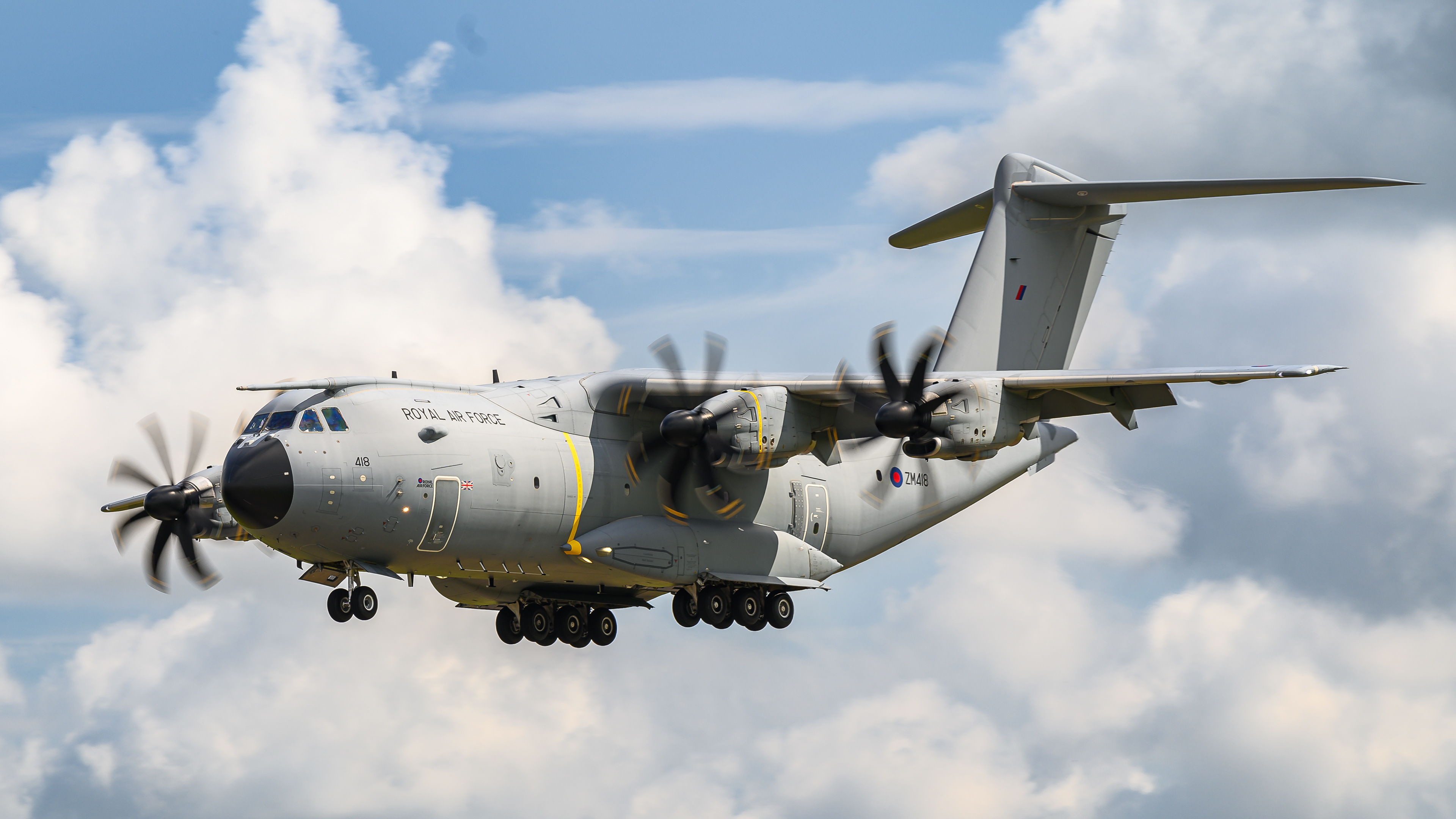 A400M from the Royal Air Force landing at RAF Fairford in July 2024,. Registration / serial ZM418