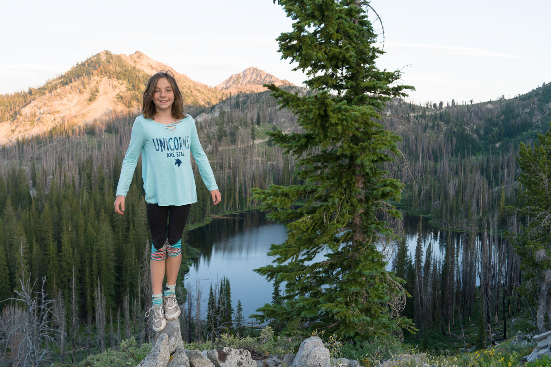 Our exploratory walk has led us up to a rocky knoll overlooking the lake. We are surrounded by wildflowers and horizons aglow with the setting sun.Oh, and a vicious bunch of mosquitoes that have hounded us the whole way. But we can allow that fact to slip from memory.