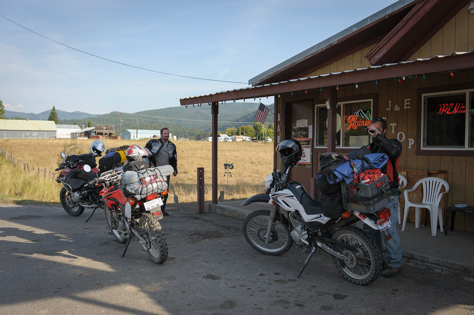 These small towns seem always to have a single gas station/bar/store. In Clarkia it was the J&amp;E Stop. In near-to-Boise Prairie, Idaho, it's the Y Stop. This is pretty much the entire town of Clarkia, only a few buildings out of frame.The GS seems to draw a bit of interest for folks in these towns. On my night ride up to Moscow I stopped in Cascade, Idaho, to zip in my liners and had three different guys stop to ask about the bike. Two of them asked the same question: “how high you jumped that thing?” In Clarkia some older fella stopped to comment on the GS (“that one of them BMWs?”) and tell me about the Harley Glider he’s modifying for dirt riding. “Good luck!”
