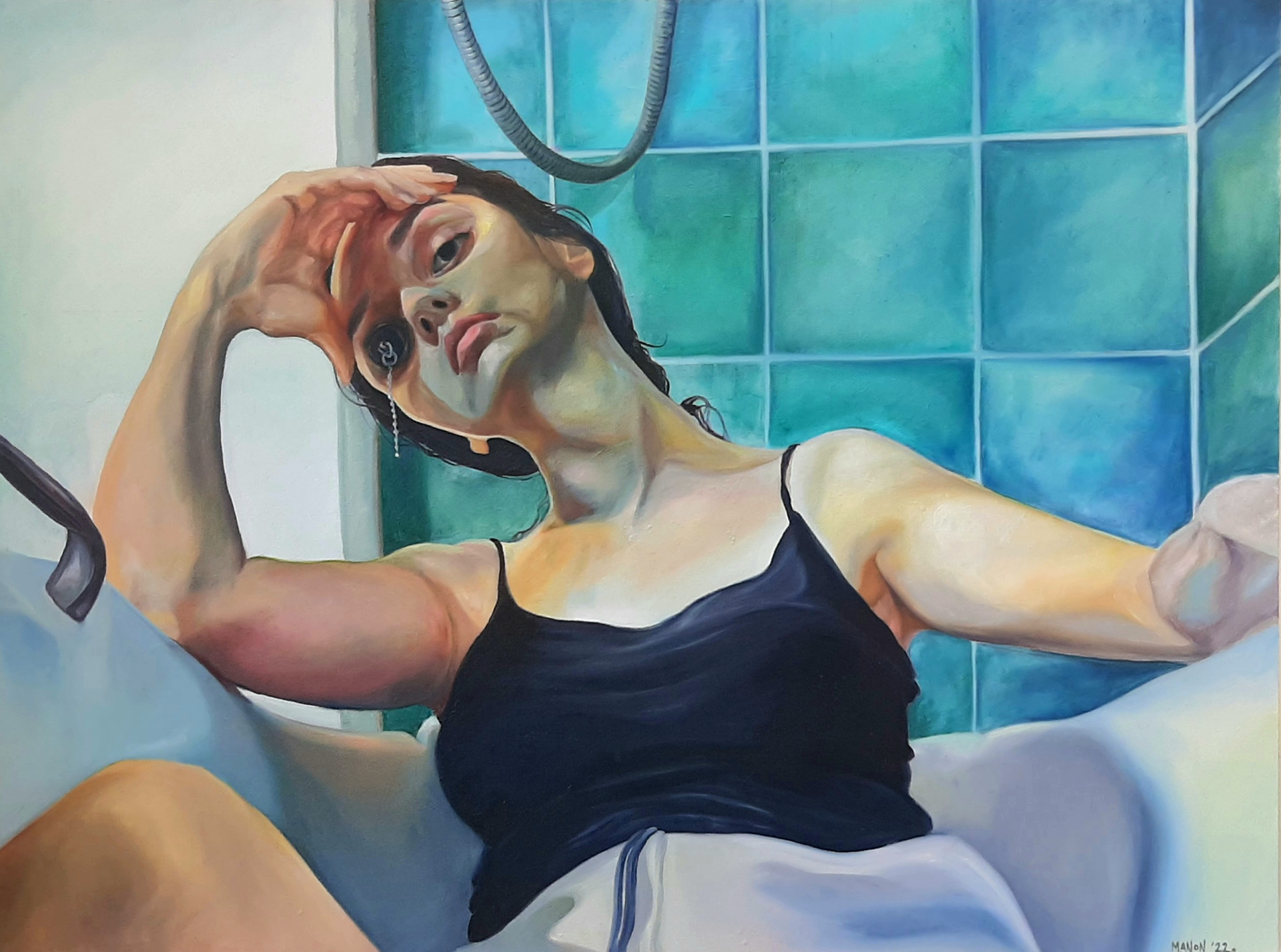 Woman sits clothed in a bath tub. Behind her are turquoise tiles. Her elbow rests on the edge of the tub, and her forehead is rested in her fingertips. Her face has a frustrated and exasperated expression. One of her eye sockets are plugged up by the bath plug, with its chain dangling downwards. The skin is painted in exaggerated colours. 