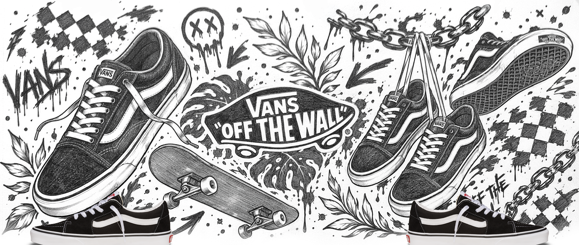 Póster de Vans Off The Wall con zapatillas, una tabla de skate, cadenas y patrones de cuadros en blanco y negro.