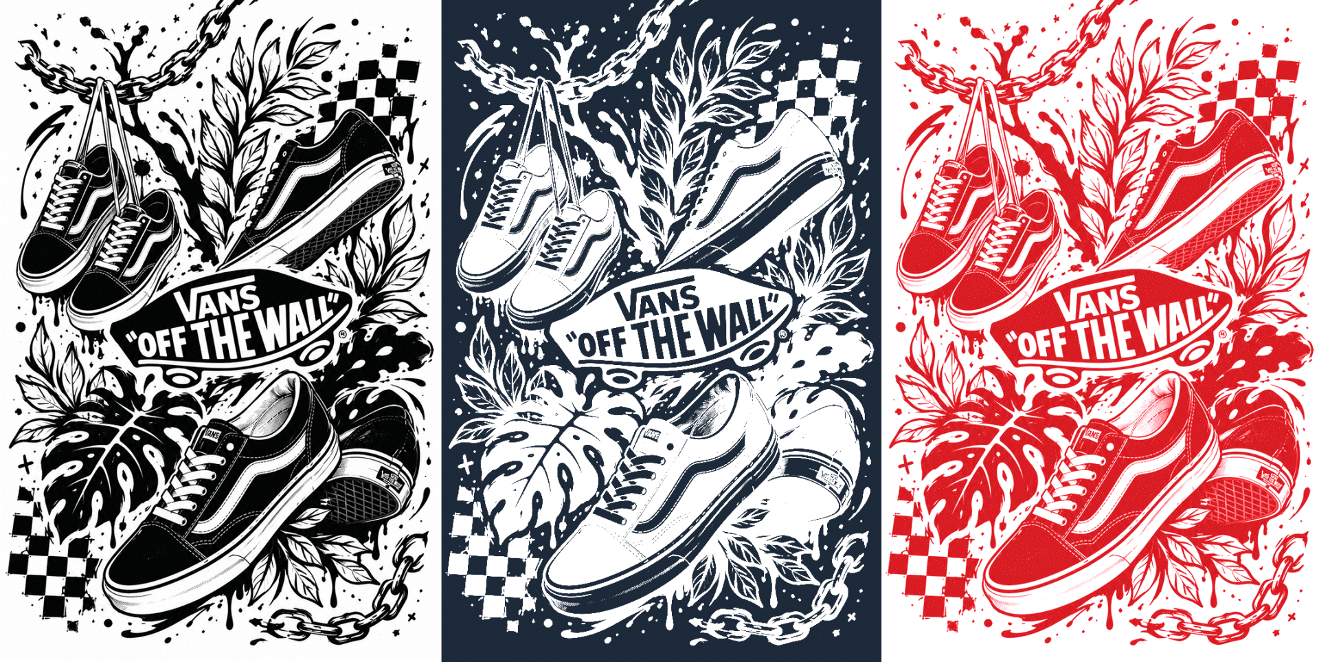 Animación de tres pósteres verticales de Vans Off The Wall con zapatillas, cadenas y cambios de color.