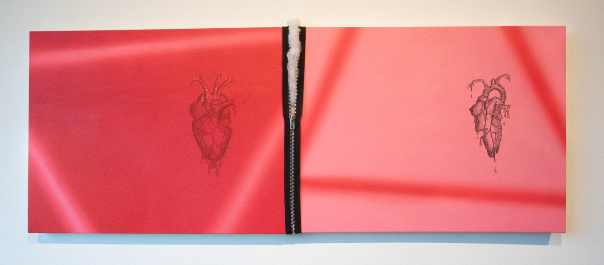"Philophobia" Diptych 30in x 20in, Oil and Conte on Canvas. Separated by a metal zipper stuffed with cotton $600