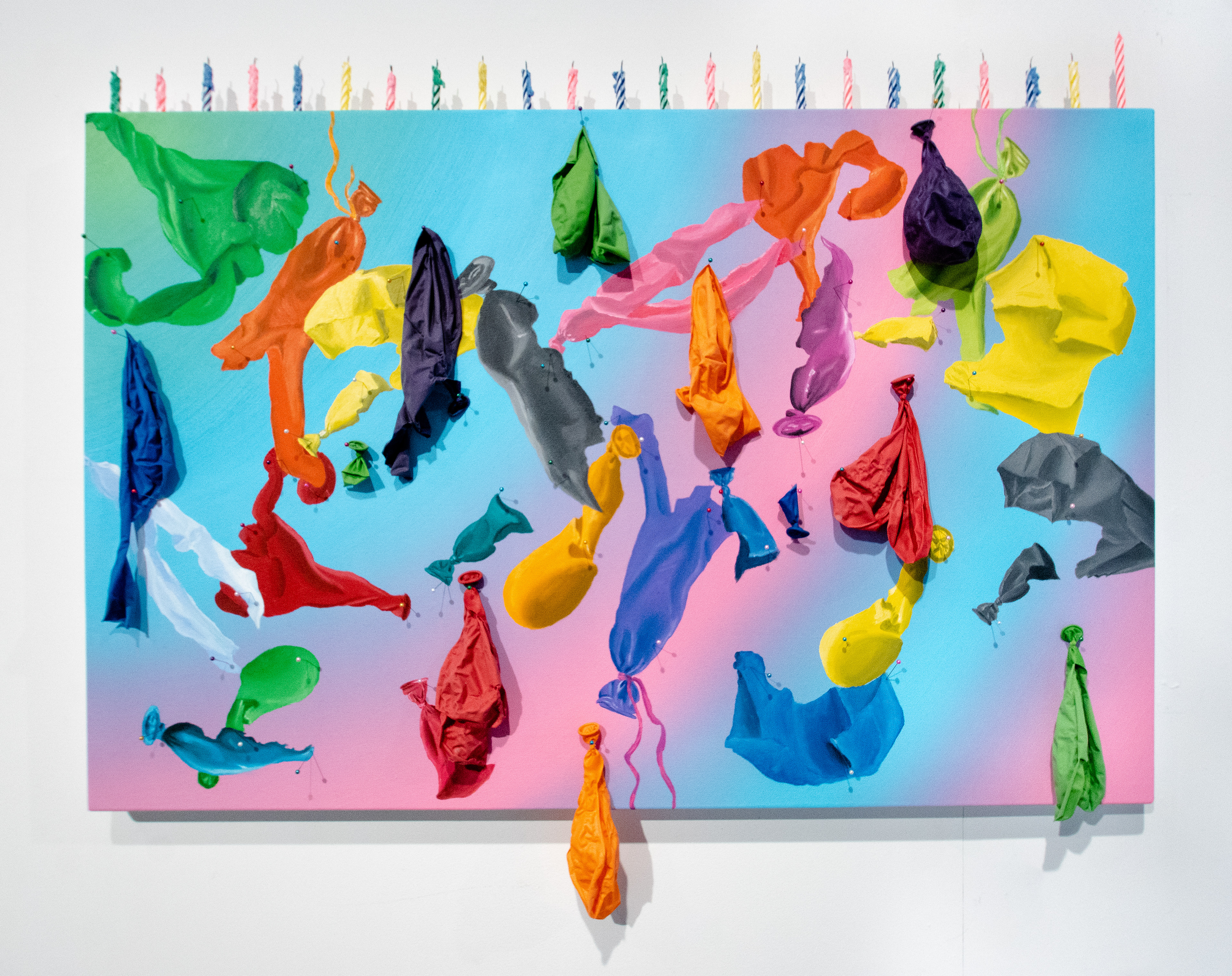 "Fragapane Phobia" 40in x 30in, Oil, Candles, Pins, and Balloons on Canvas SOLD