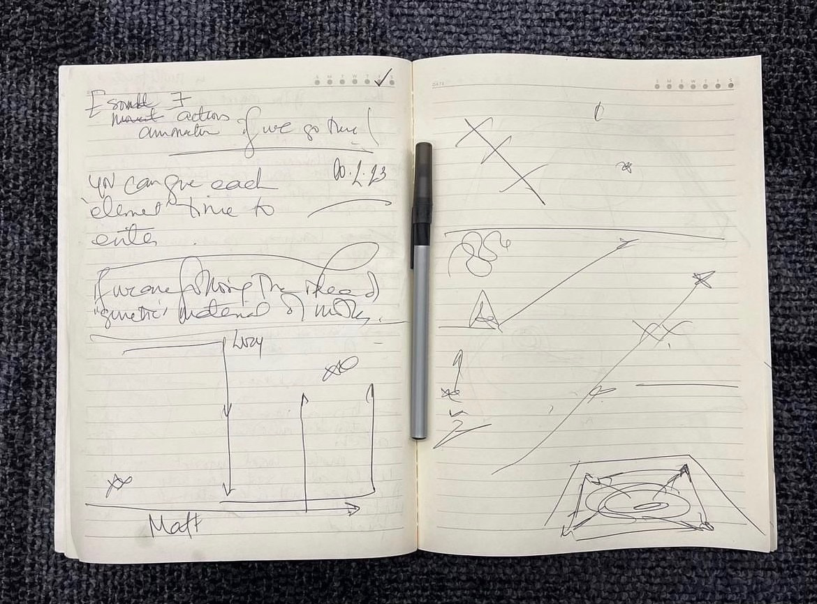 Rehearsal notebook with notes and sketches