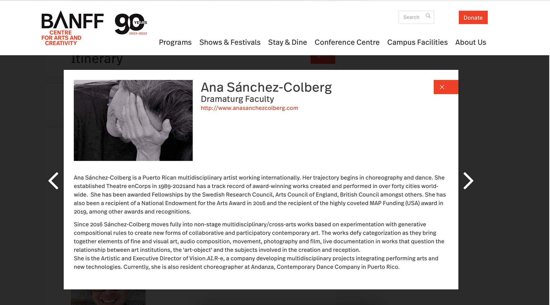 Website page showing biography of Ana Sánchez Colberg