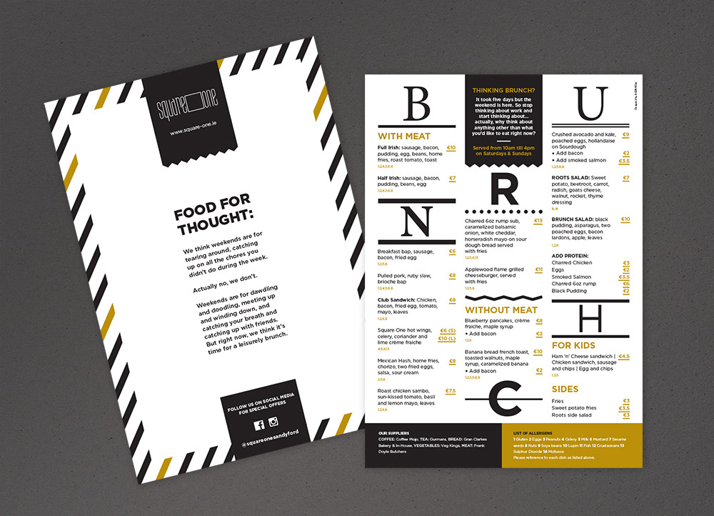 Brunch menu design for Square One café in Sandyford_Aga Grandowicz/AGRAND.