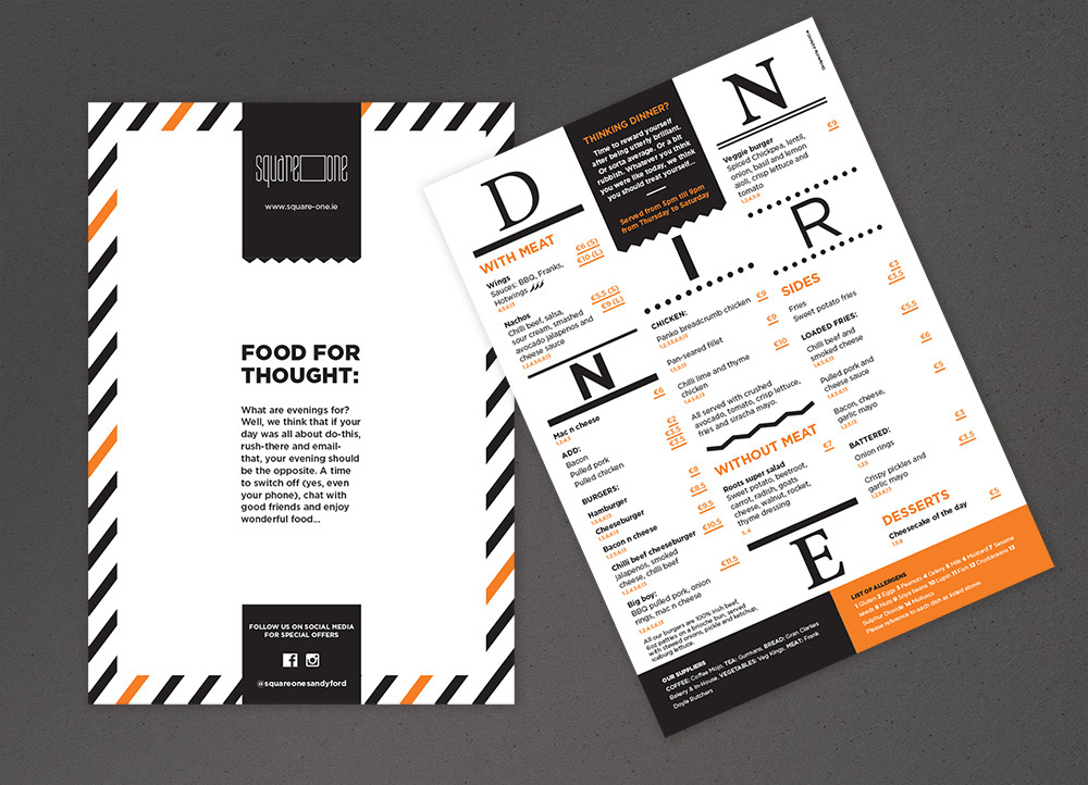 Dinner menu design for Square One café in Sandyford_Aga Grandowicz/AGRAND.