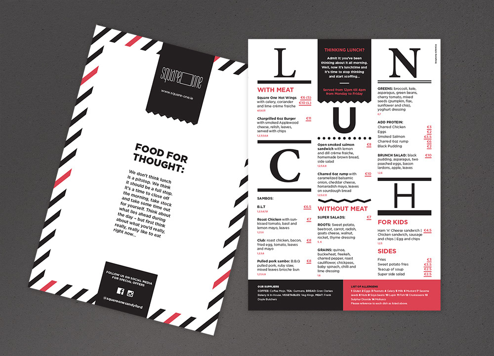 Lunch menu design for Square One café in Sandyford_Aga Grandowicz/AGRAND.