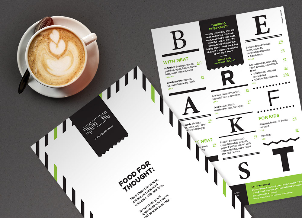Breakfast menu design for Square One café in Sandyford_Aga Grandowicz/AGRAND.