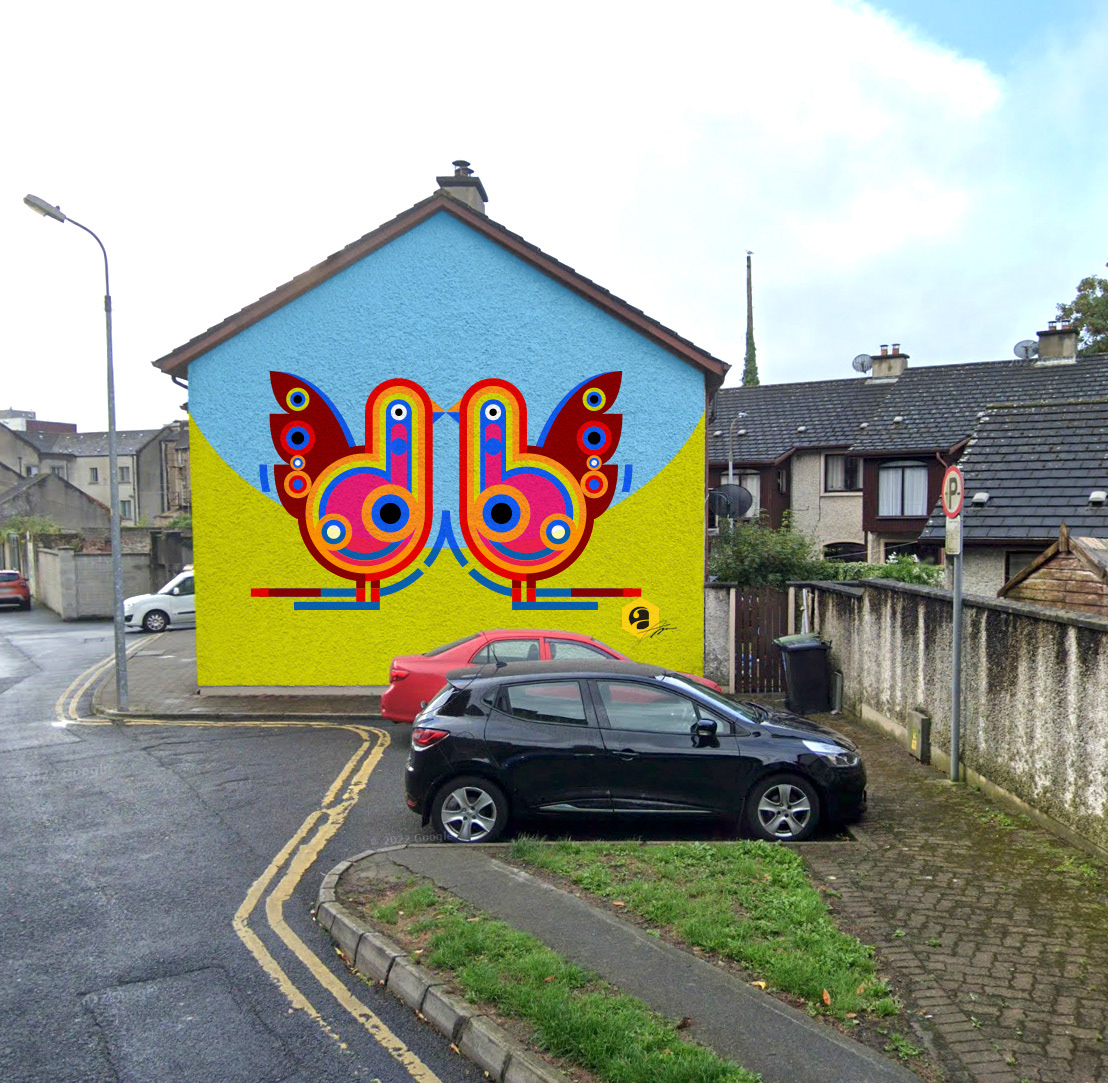 Mural design featuring two bold, stylised birds facing each other, made up of bright, geometric shapes in red, blue, yellow, and pink. The aim was to bring colour and a sense of playfulness to an otherwise quiet corner of the street. Inspired by graphic art and folk motifs, the birds add character and energy to the urban space, creating a striking and well-balanced visual landmark for passersby.