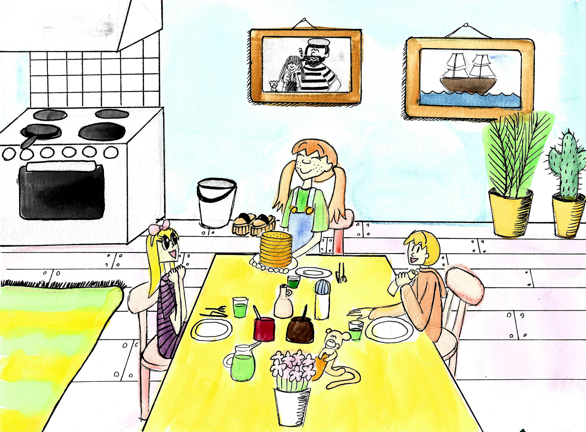 Pippi making pancakes for her new friends