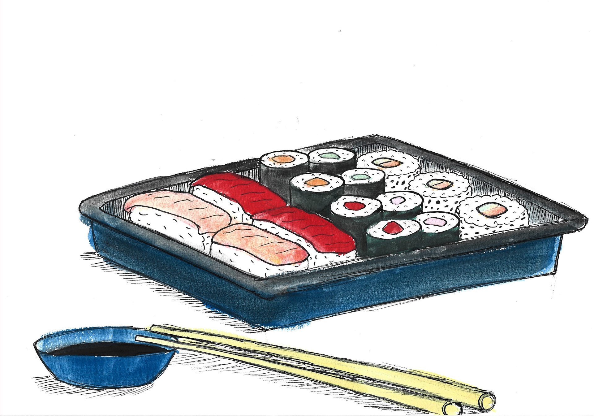 Sushi (graphite pencil, fineliners and watercolours)