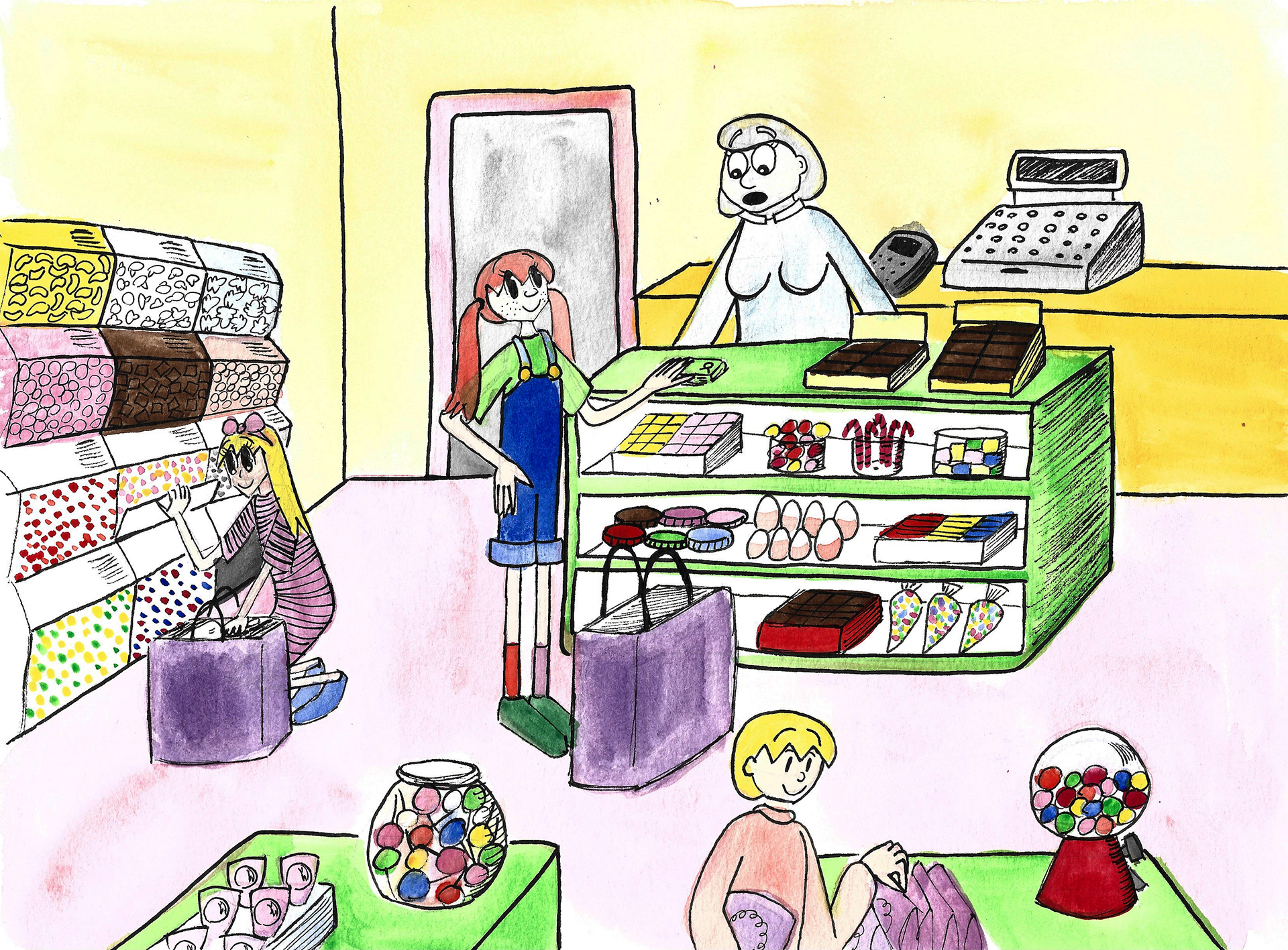 Pippi, Tommi and Annika buying 18 kg of candy
