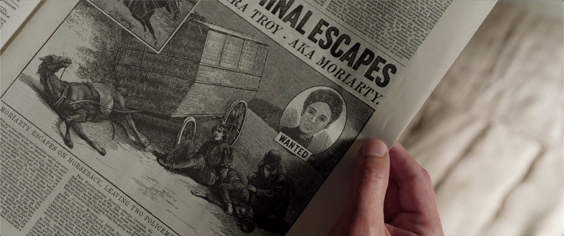 Illustration of  'Mira Troy' onto newspaper