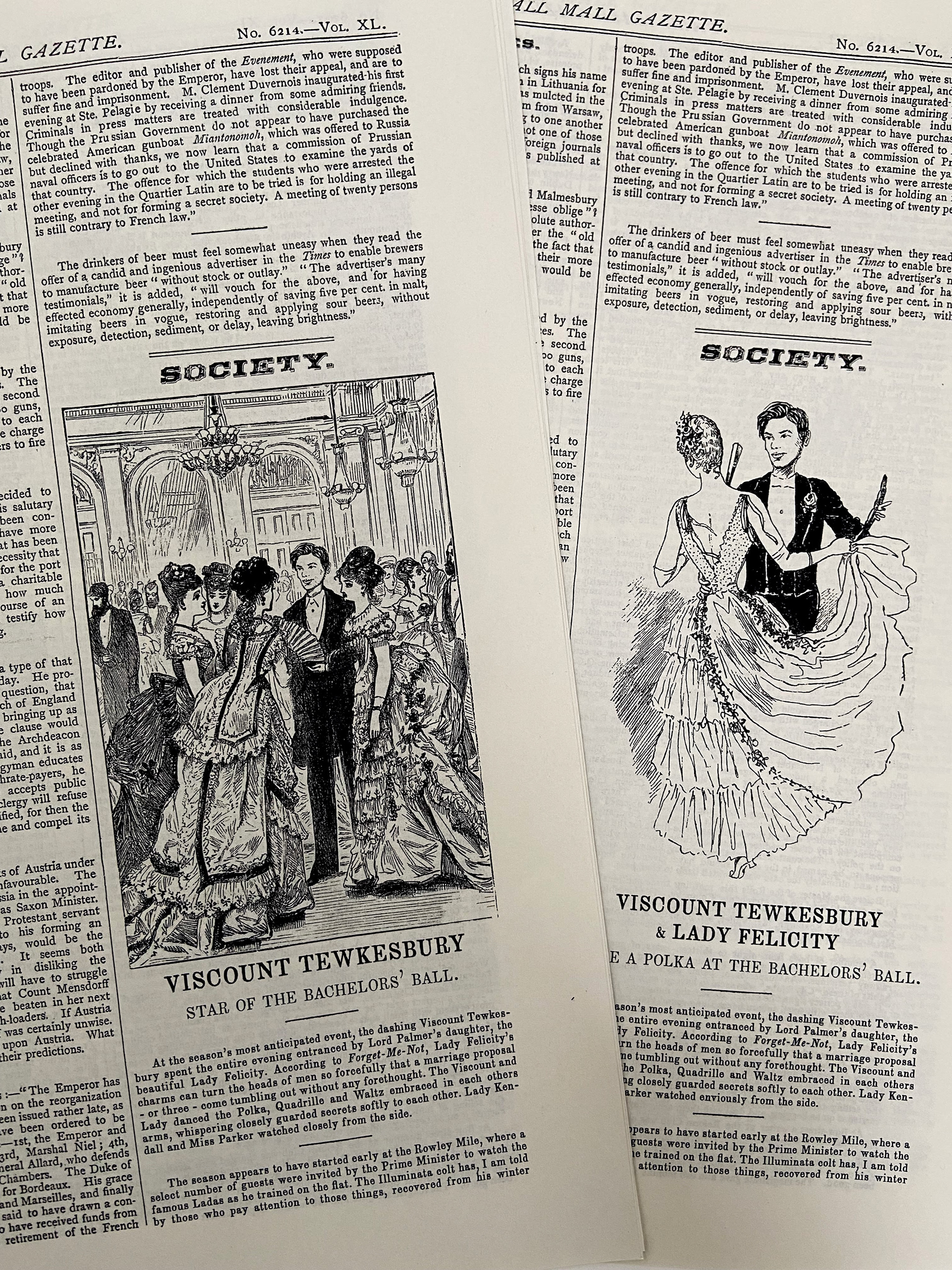 Illustrations of 'Viscount Tewkesbury' onto newspapers