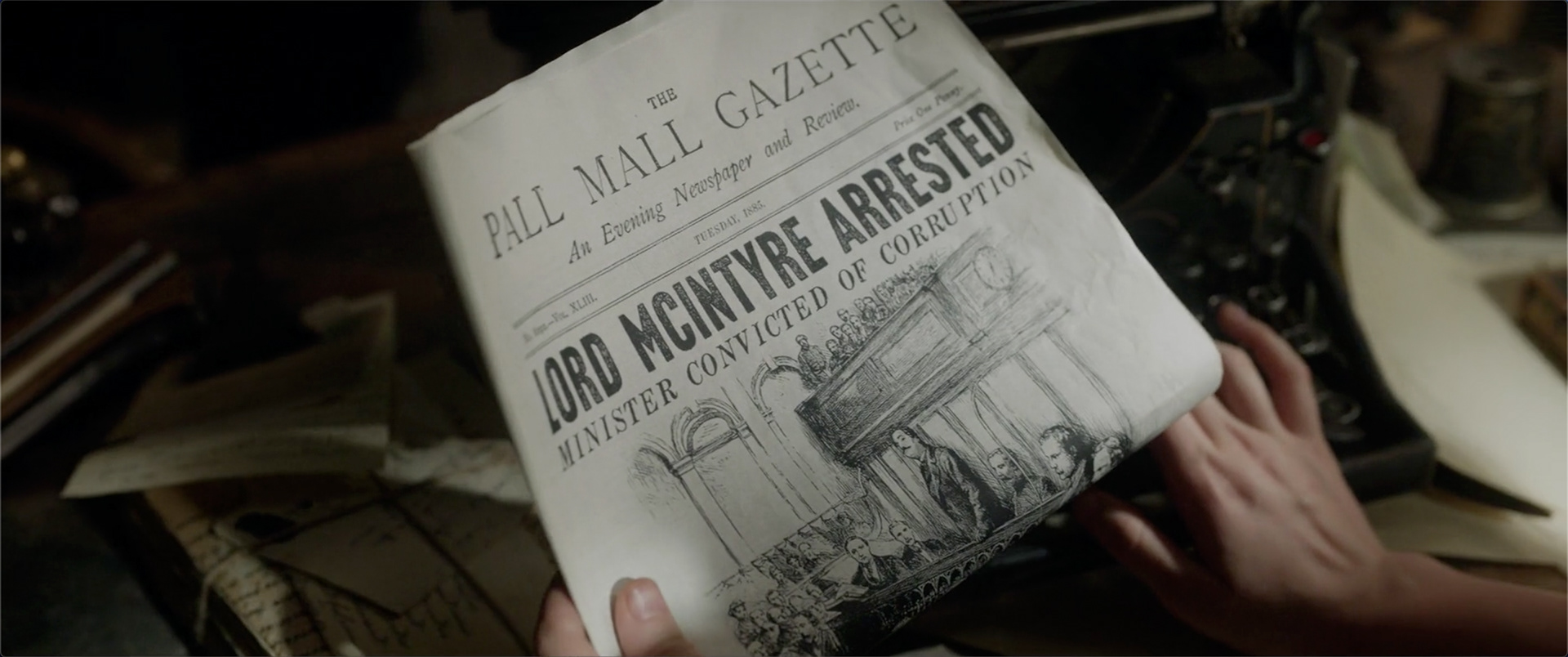 Illustration of 'Charles McIntyre' on trial onto a newspaper