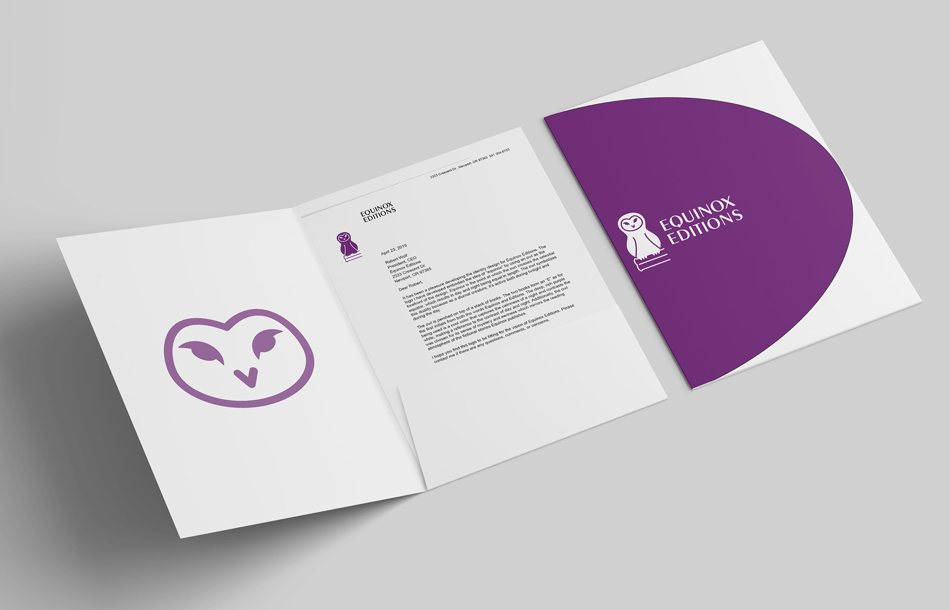 Equinox Editions stationery set. Above: Business folder shown both opened and closed with a letterhead inside the pocket. Below left: two business cards showing both front and back designs. The owl logo stands alone on the front, with contact information on the back.Below right: two envelopes, one showing the front and the other showing the back.