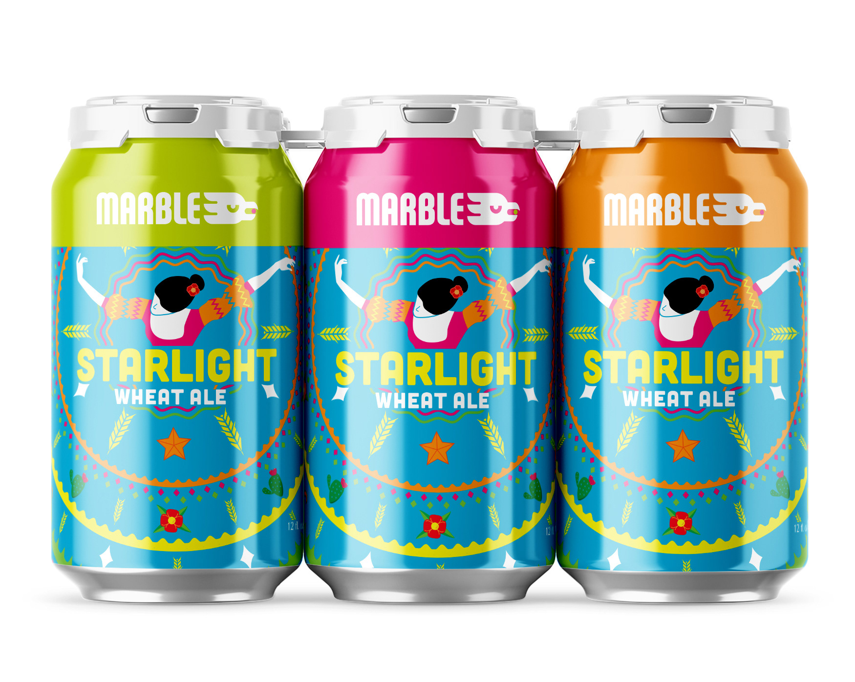 A set of 3 beer cans with a Folklorico dancer wearing a colorful traditional Mexican dress that radiates outwards from the center. The dress wraps around the entire can. The dress is blue with green, magenta, and orange patterns and icons including cacti, stars and poppy flowers. The words Starlight Wheat Ale is centered under the woman.