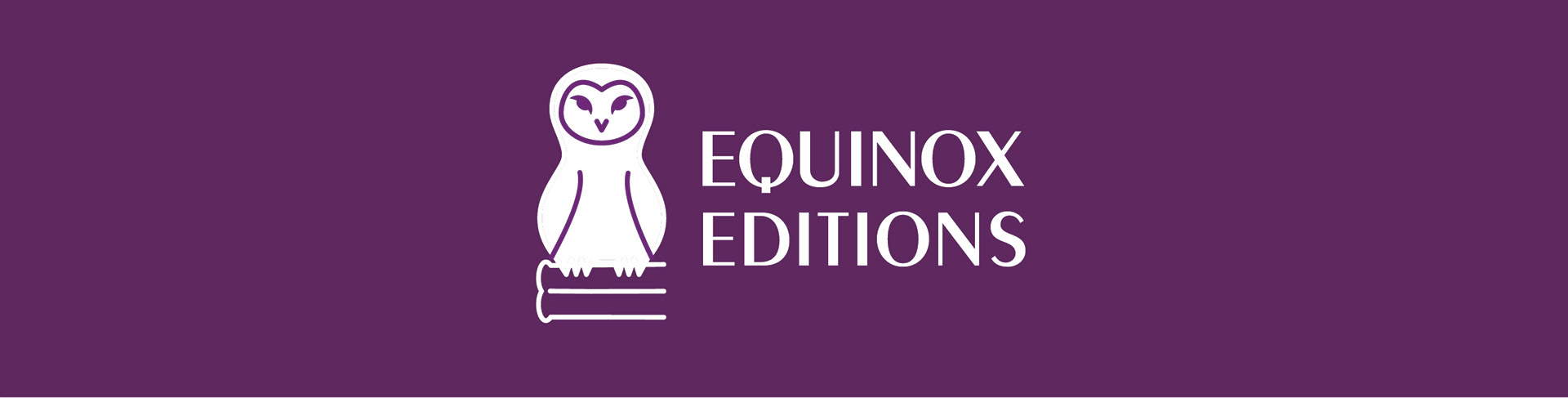 Equinox Editions logo. An owl sitting on a stack of books with the words Equinox Editions next to it. A dark purple fills the background.