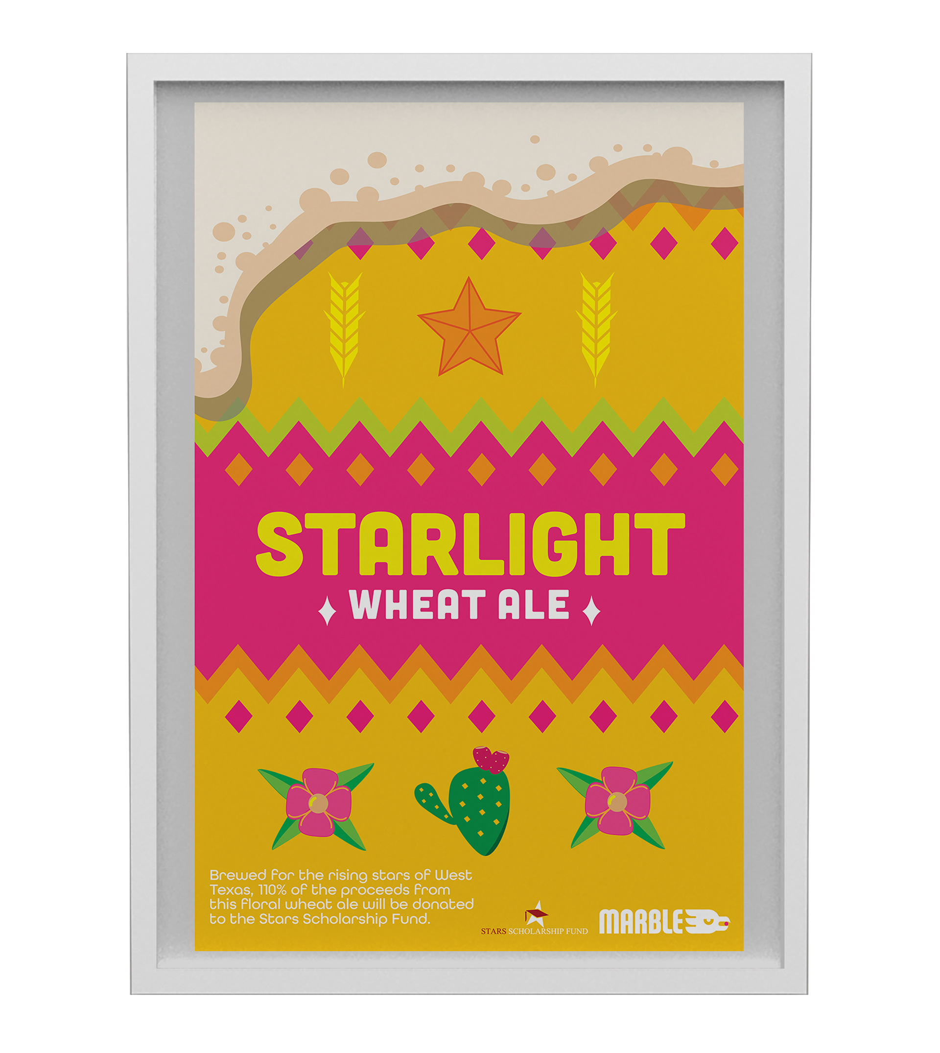 Poster with the full dress pattern filling in the background. Starlight Wheat Ale is at the center. Foam is dripping from the top to make the poster look like a mug full of beer.
