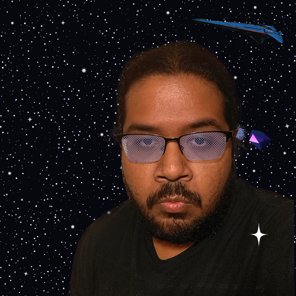 Self portrait, me with a space background with a stylized space crystal flying across the picture.